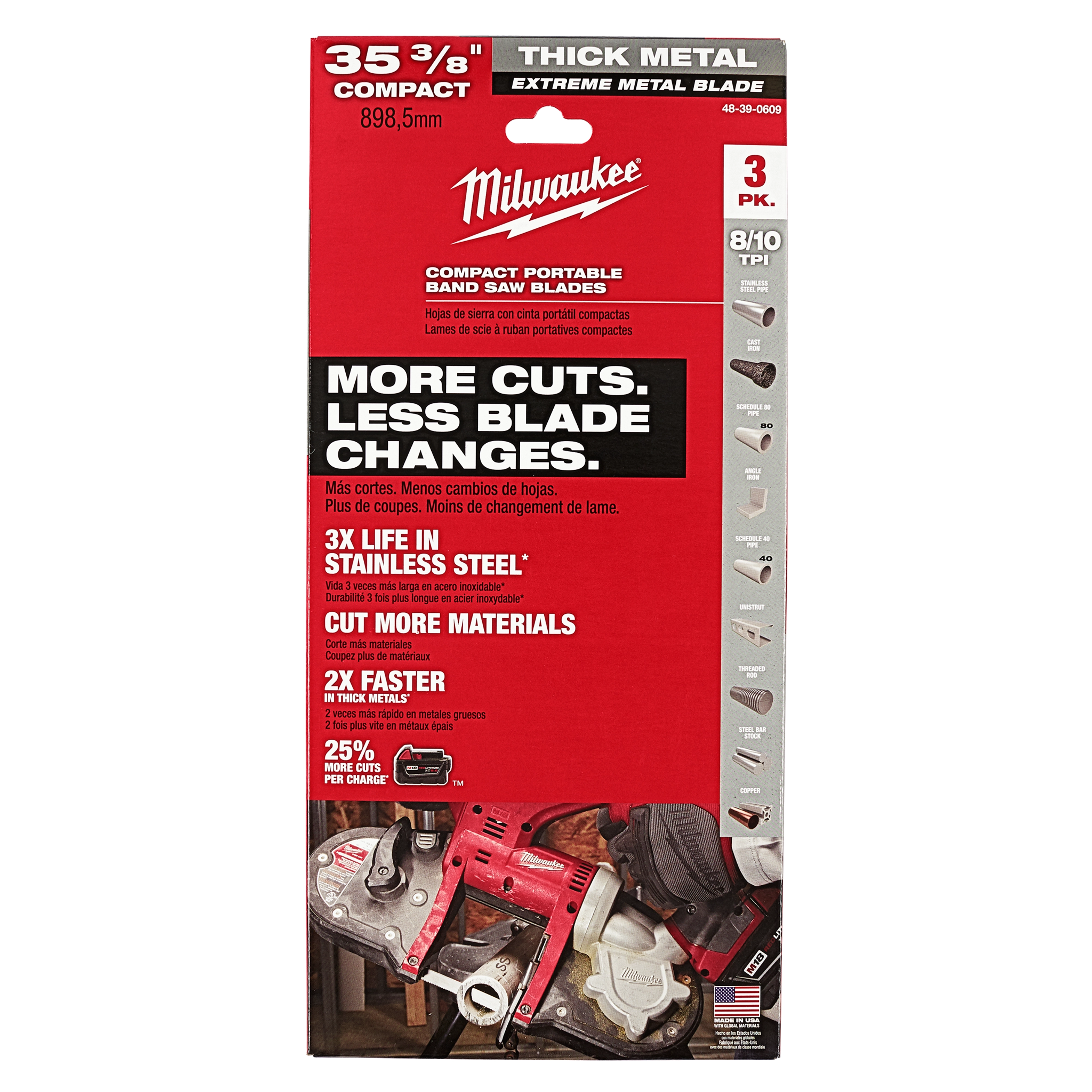 Compact Portable Band Saw Blades 3 pack, 35 3/8-inch, thick metal, 8/10 TPI, promises more cuts, less blade changes, three times life in stainless steel.