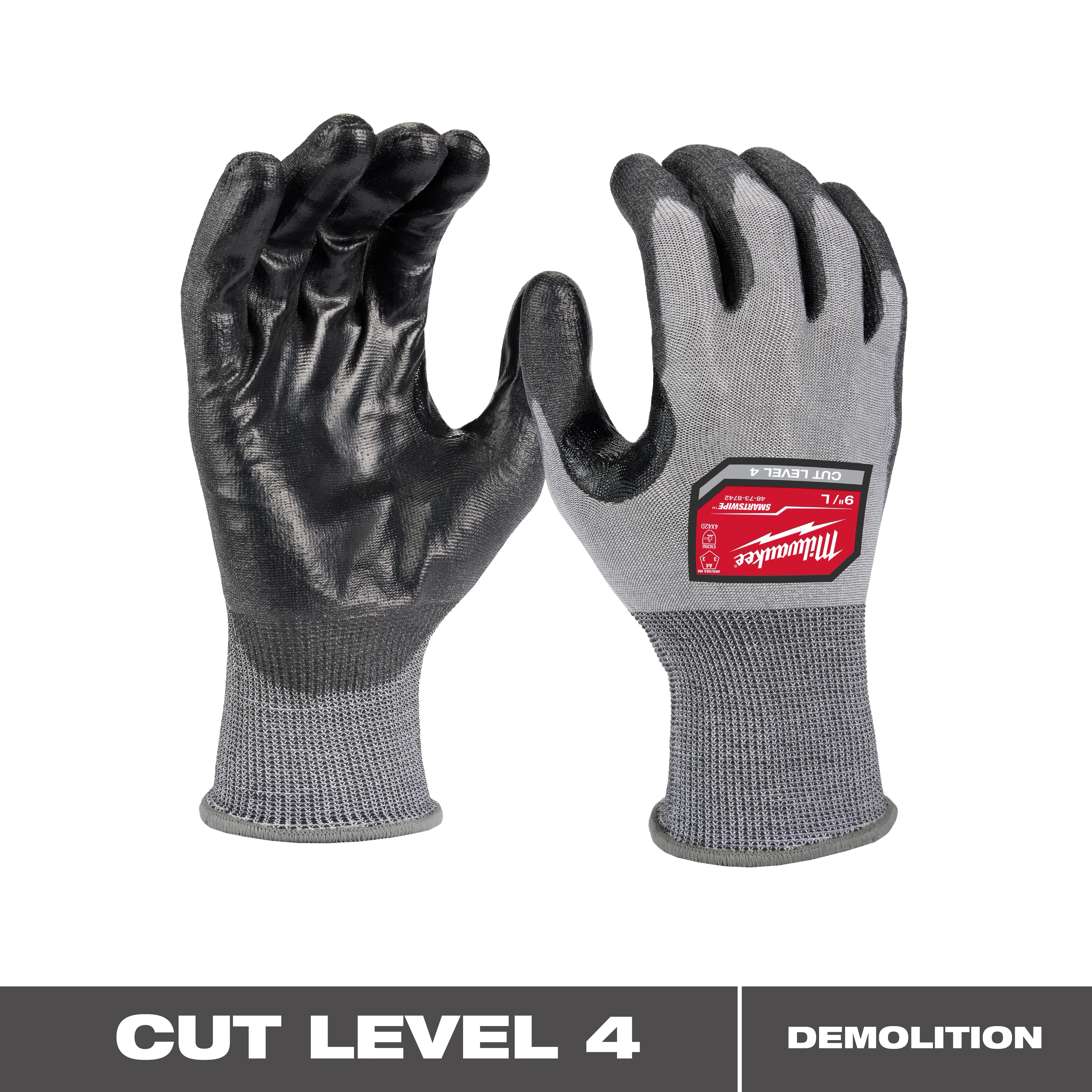 Cut Level 4 High-Dexterity Polyurethane Dipped Gloves, featuring a grey and black design with a red label on the back. ANSI Cut Level A4 shown.