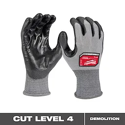 Cut Level 4 High-Dexterity Polyurethane Dipped Gloves, featuring a grey and black design with a red label on the back. ANSI Cut Level A4 shown.