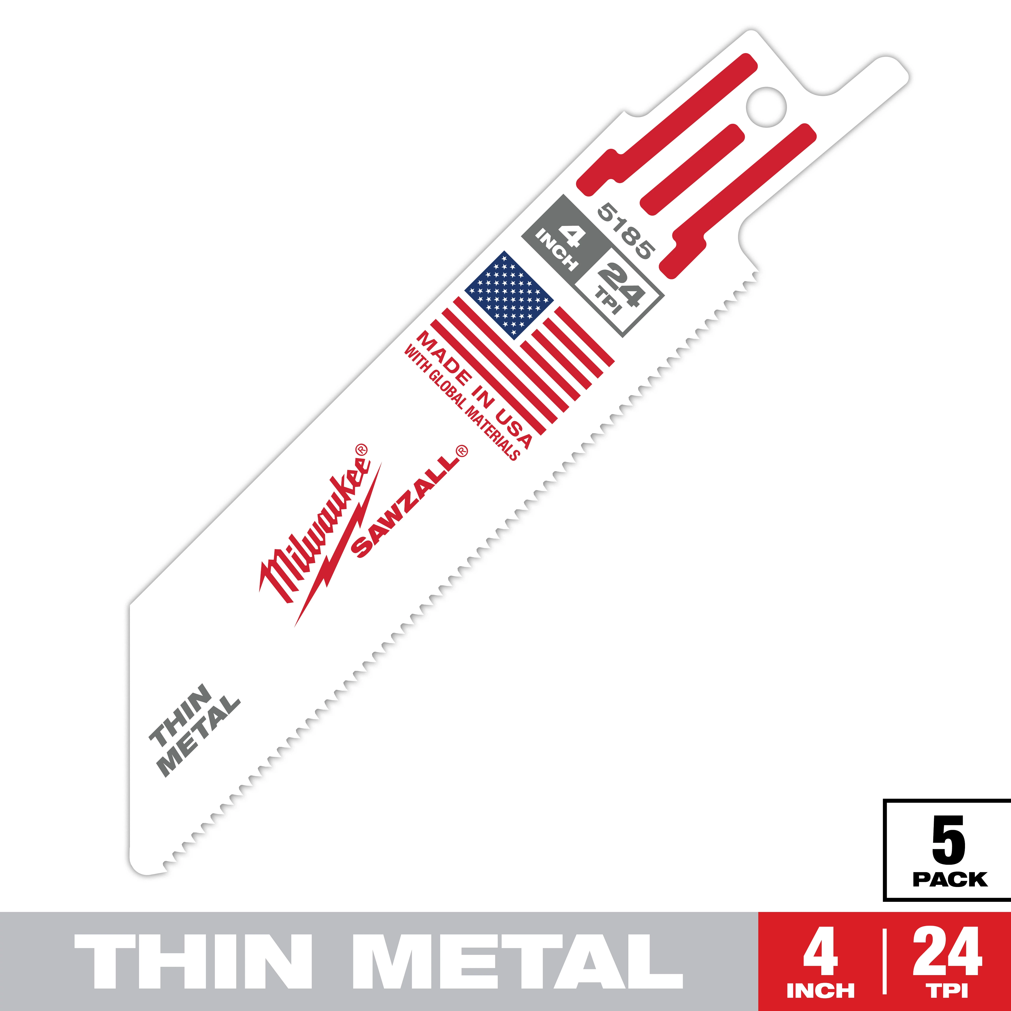 Milwaukee Sawzall blade designed for cutting thin metal. The blade is 4 inches long with 24 teeth per inch (TPI). Made in the USA with global materials, it features red branding and a flag logo. The package contains 5 blades.