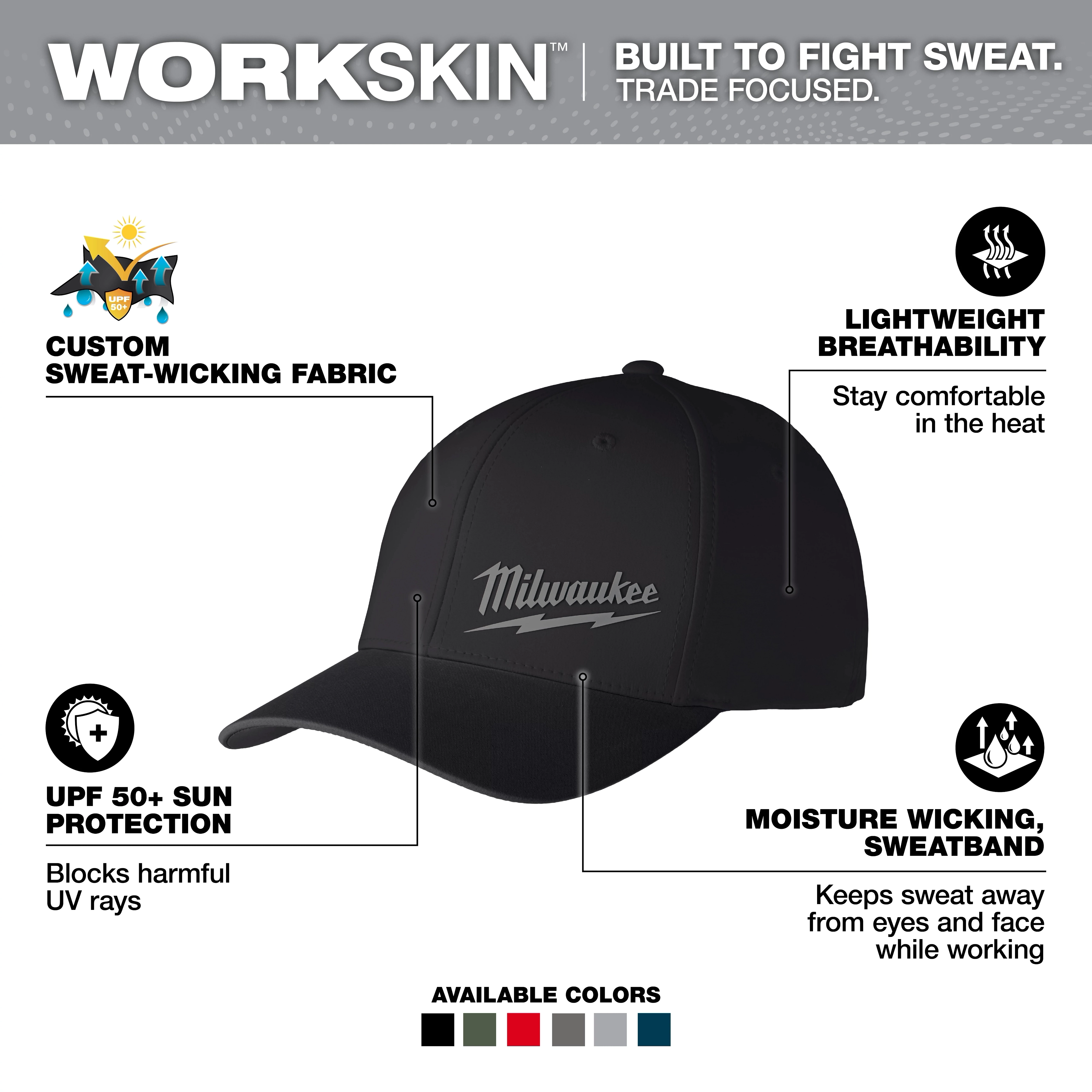 WORKSKIN Performance Fitted Hat features custom sweat-wicking fabric, lightweight breathability, and UPF 50+ sun protection. Available in five colors.