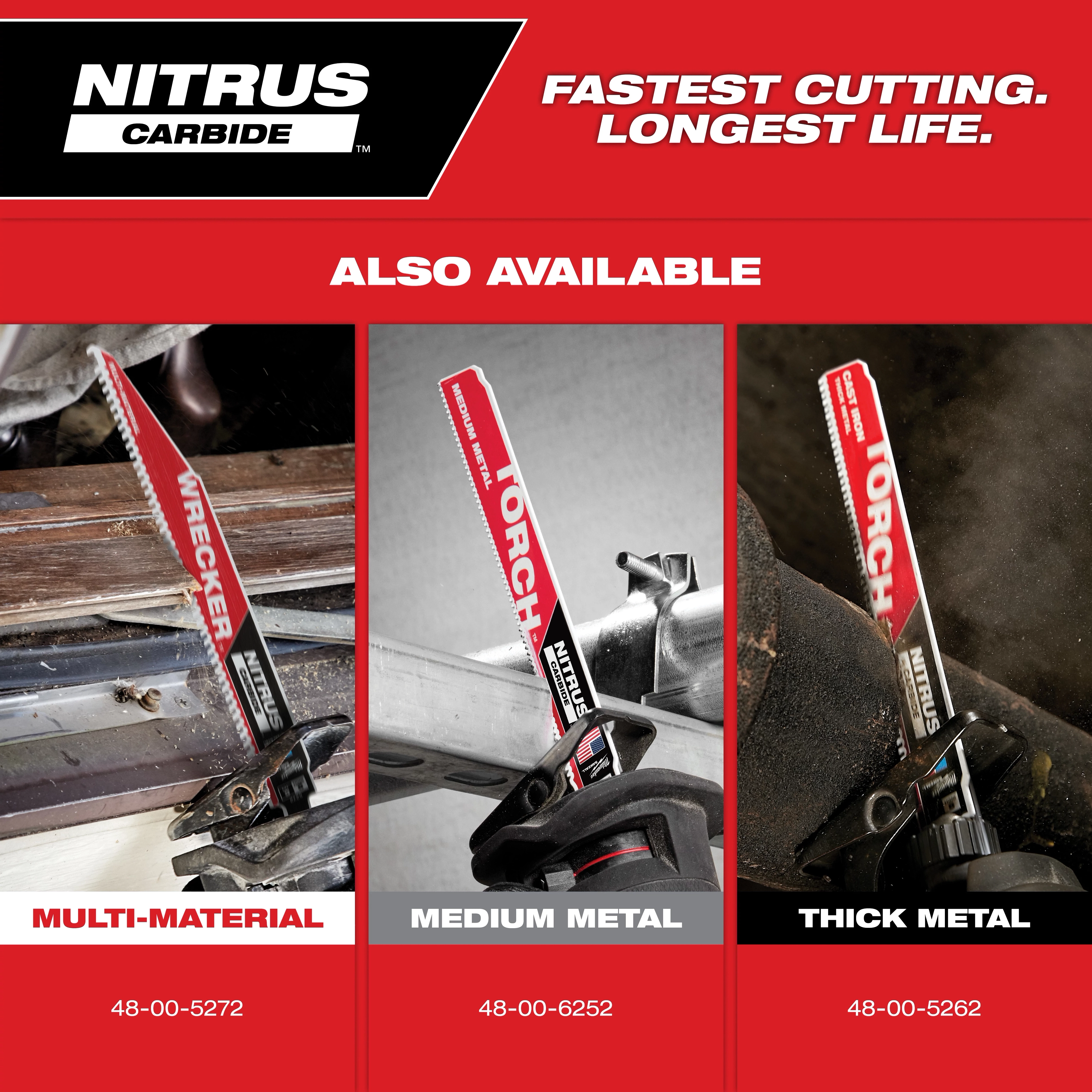Nitrus Carbide Also Available saw blades are displayed for cutting multi-material, medium metal, and thick metal. The image includes product codes for each type: 48-00-5272 for multi-material, 48-00-6252 for medium metal, and 48-00-5262 for thick metal. Brand slogan reads: "Fastest Cutting. Longest Life."