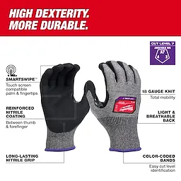 Cut Level 7 High-Dexterity Nitrile Dipped Gloves, featuring 18 gauge knit, reinforced nitrile coating, and Smartswipe touch screen compatibility.