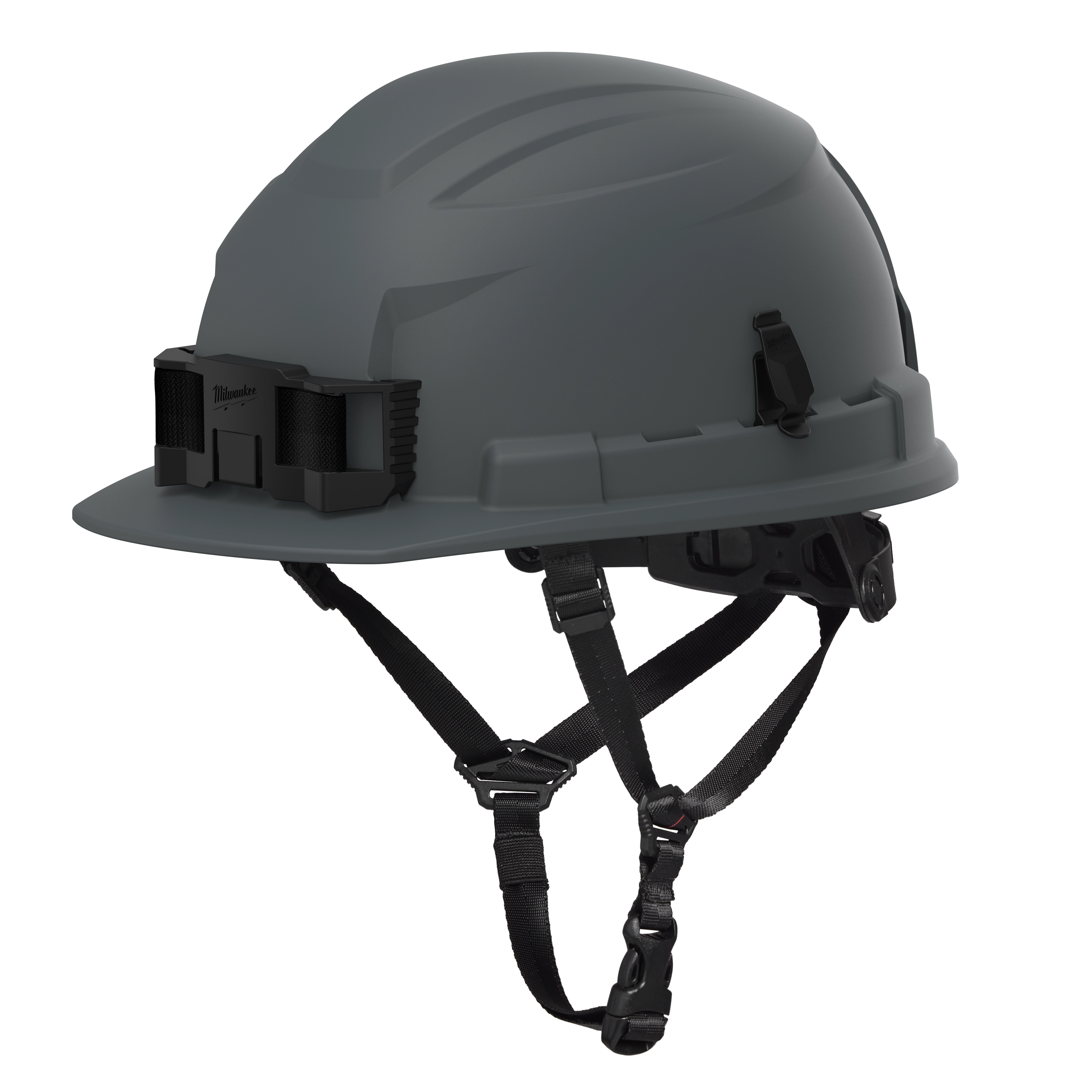 The BOLT™ Grey Front Brim Safety Helmet features a 4-point ratcheting suspension. It is a Type 2, Class E helmet designed for enhanced safety. The helmet includes a chin strap and has attachment points for accessories.