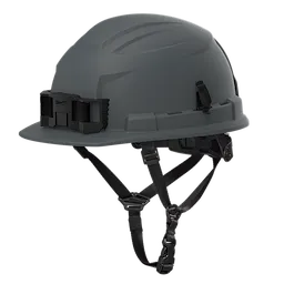The BOLT™ Grey Front Brim Safety Helmet features a 4-point ratcheting suspension. It is a Type 2, Class E helmet designed for enhanced safety. The helmet includes a chin strap and has attachment points for accessories.