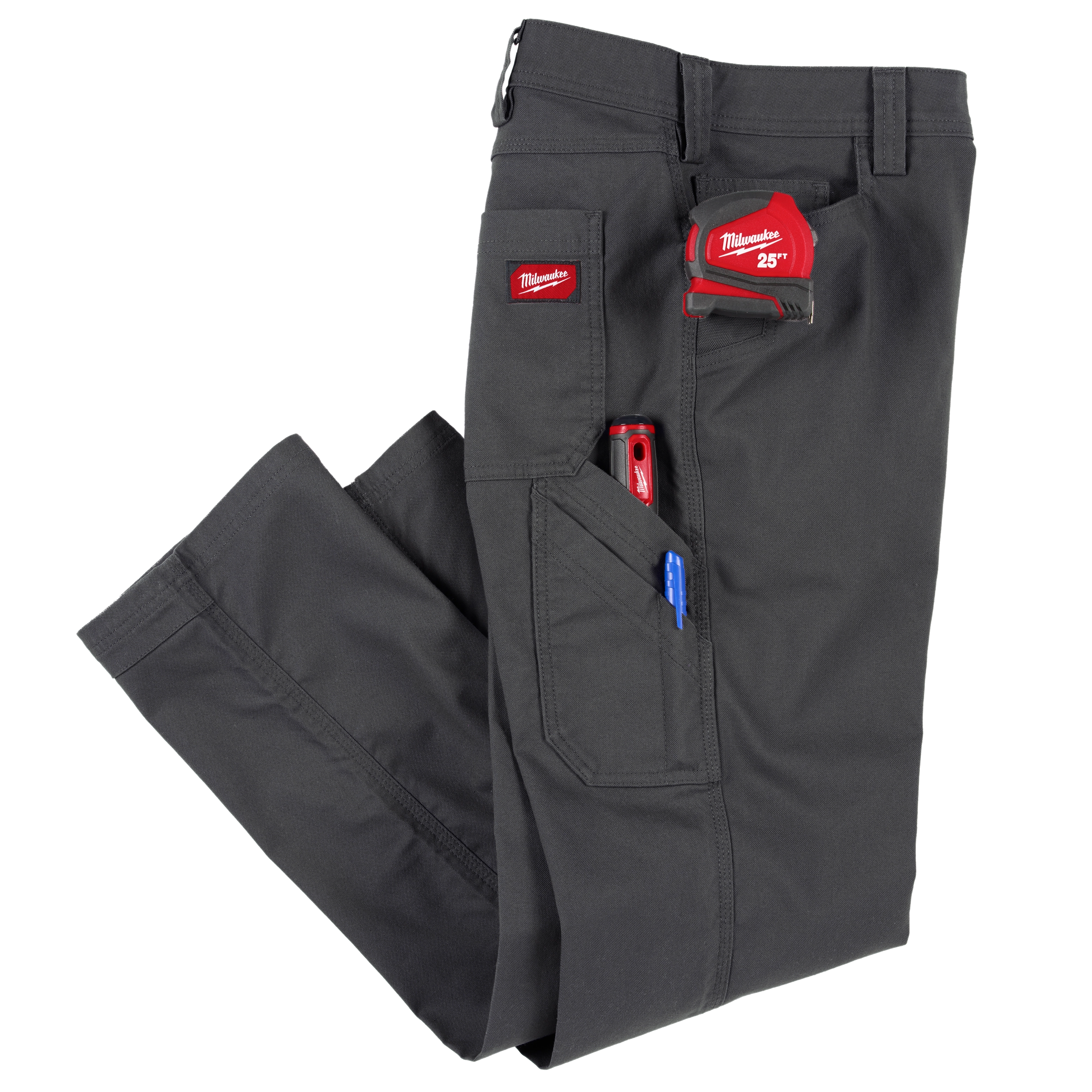 Milwaukee Tool gray workpants with a Milwaukee Tool 25" measure tape hooked to one pocket