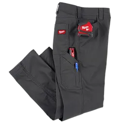 Milwaukee Tool gray workpants with a Milwaukee Tool 25" measure tape hooked to one pocket