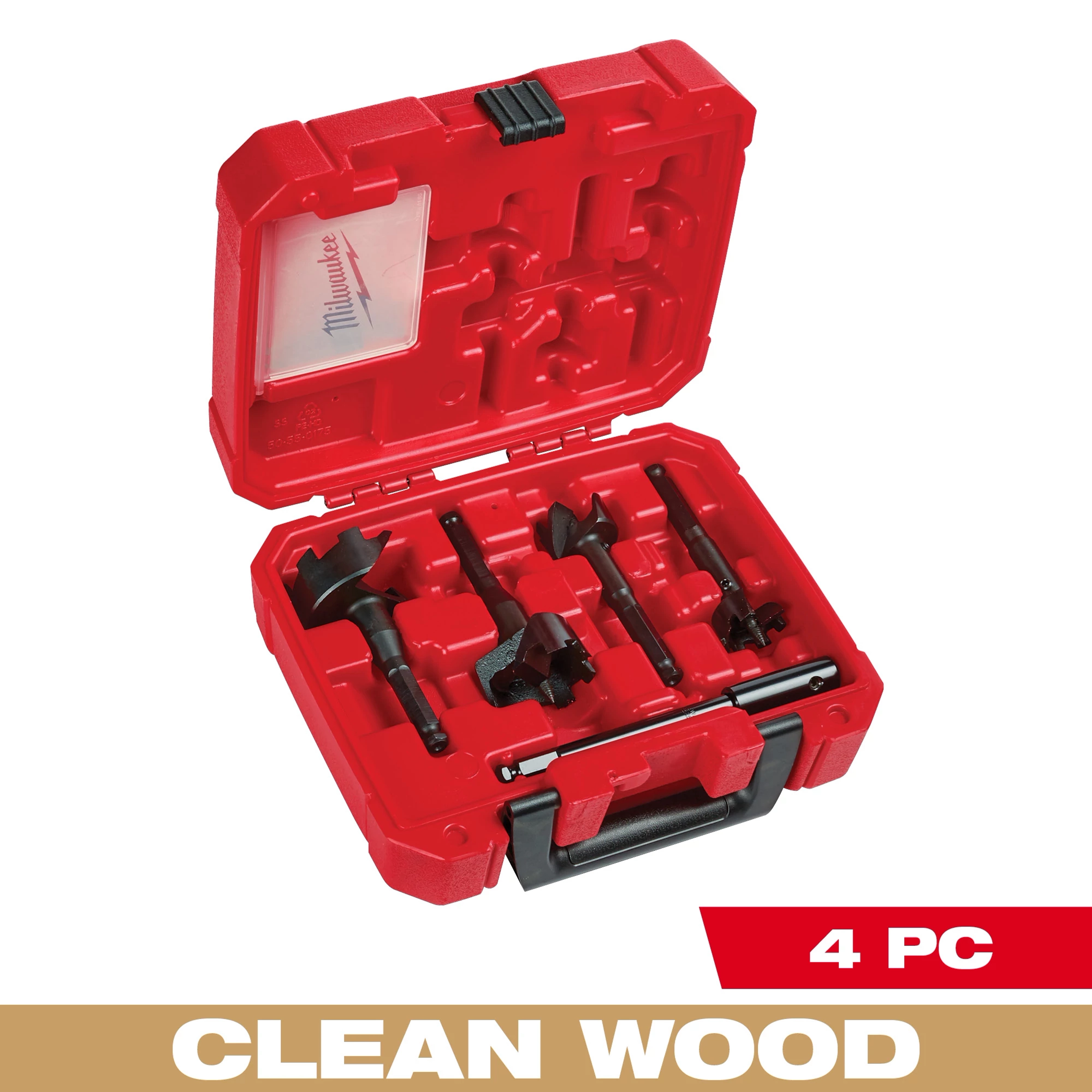 Contractor's Selfeed Bit Kit (4 PC) in a red carrying case with molded slots for the four bits and handle. Text reads "Clean Wood."