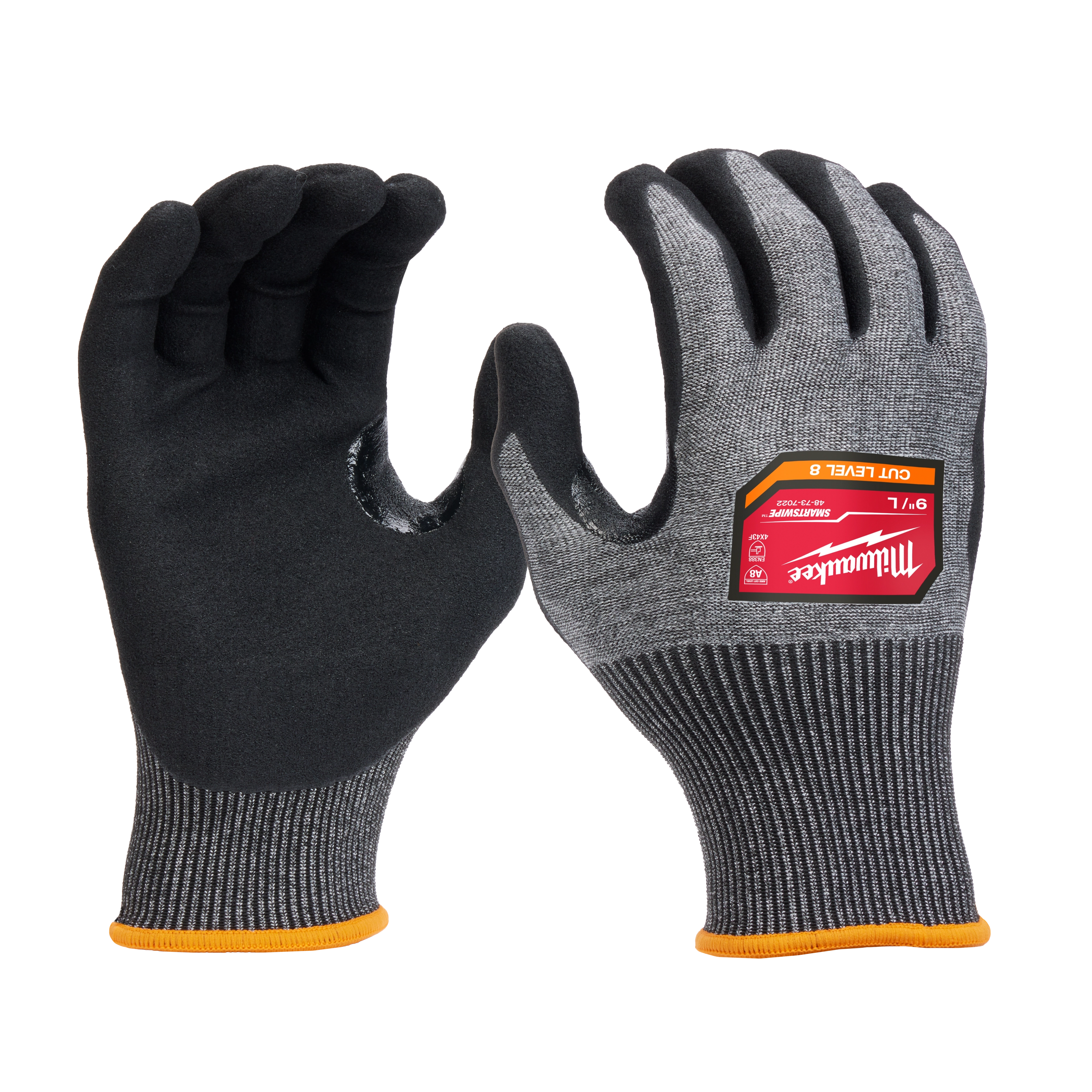 Cut Level 8 High-Dexterity Nitrile Dipped Gloves - L, featuring gray fabric with black coated palms and yellow-trimmed wrists.