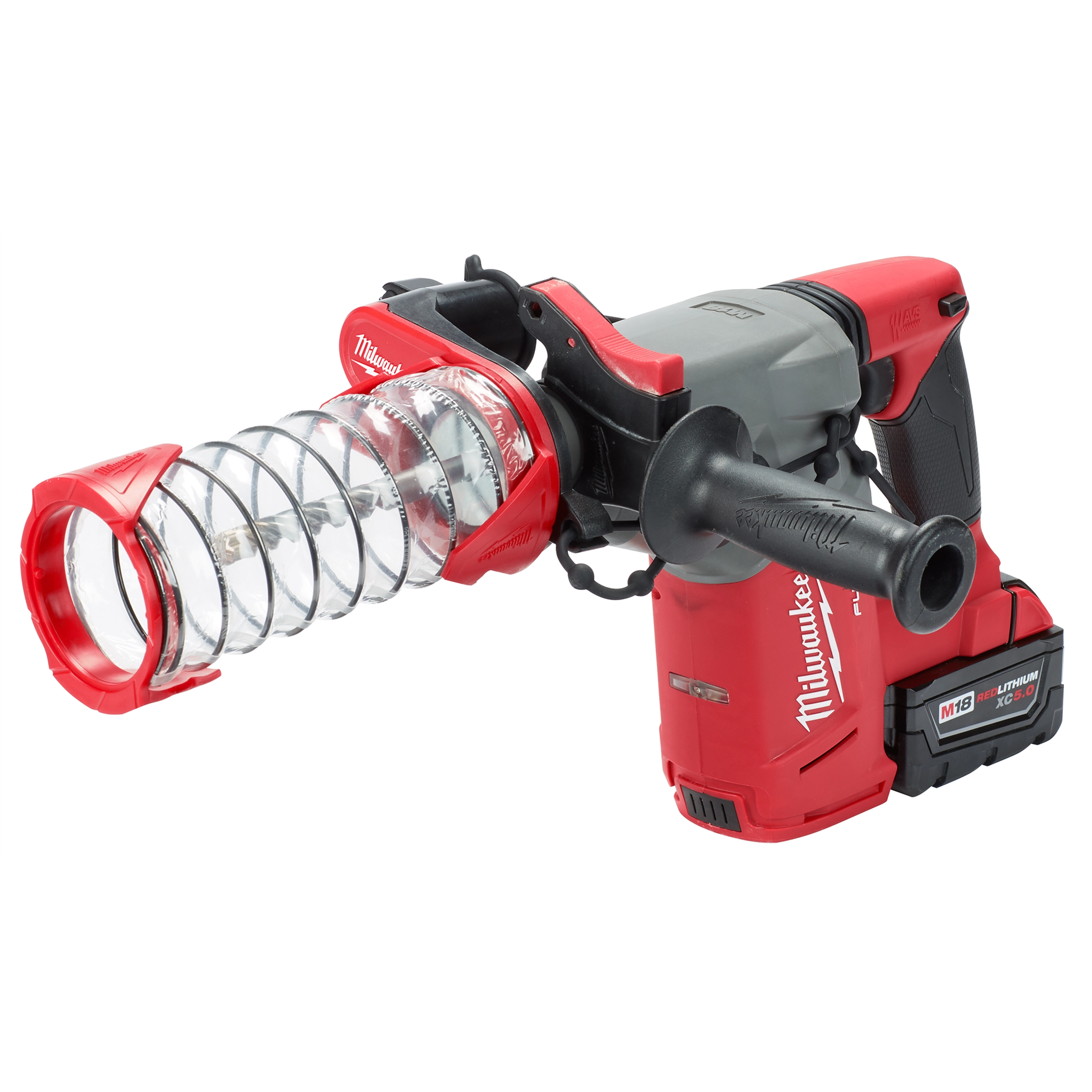 The image shows an SDS Plus Dust Trap Drilling Shroud attached to a red and black electric drilling tool with a side handle.