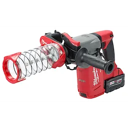 The image shows an SDS Plus Dust Trap Drilling Shroud attached to a red and black electric drilling tool with a side handle.