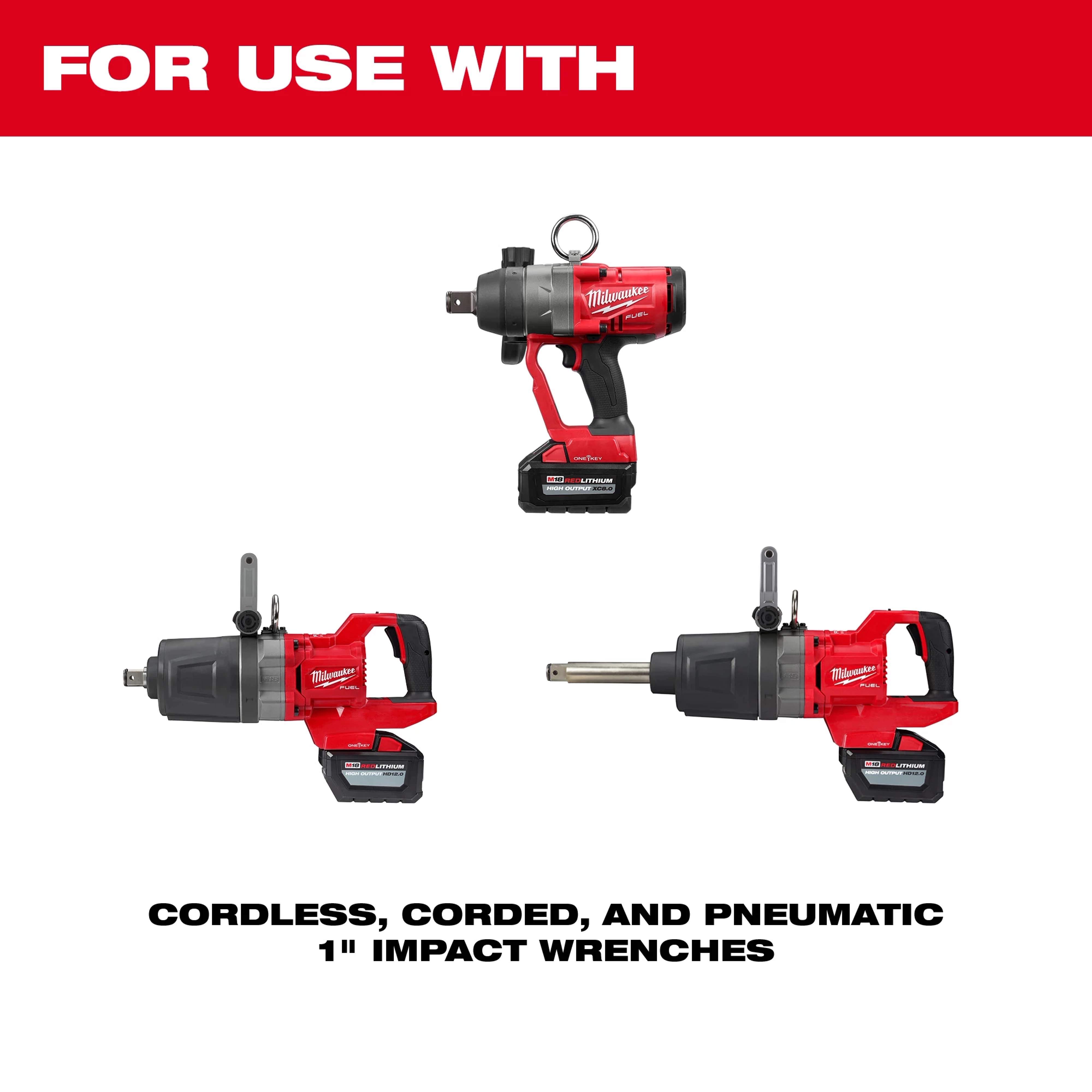 SHOCKWAVE Impact Duty 1” Drive Socket for use with cordless, corded, and pneumatic 1” impact wrenches, shown with three wrenches.