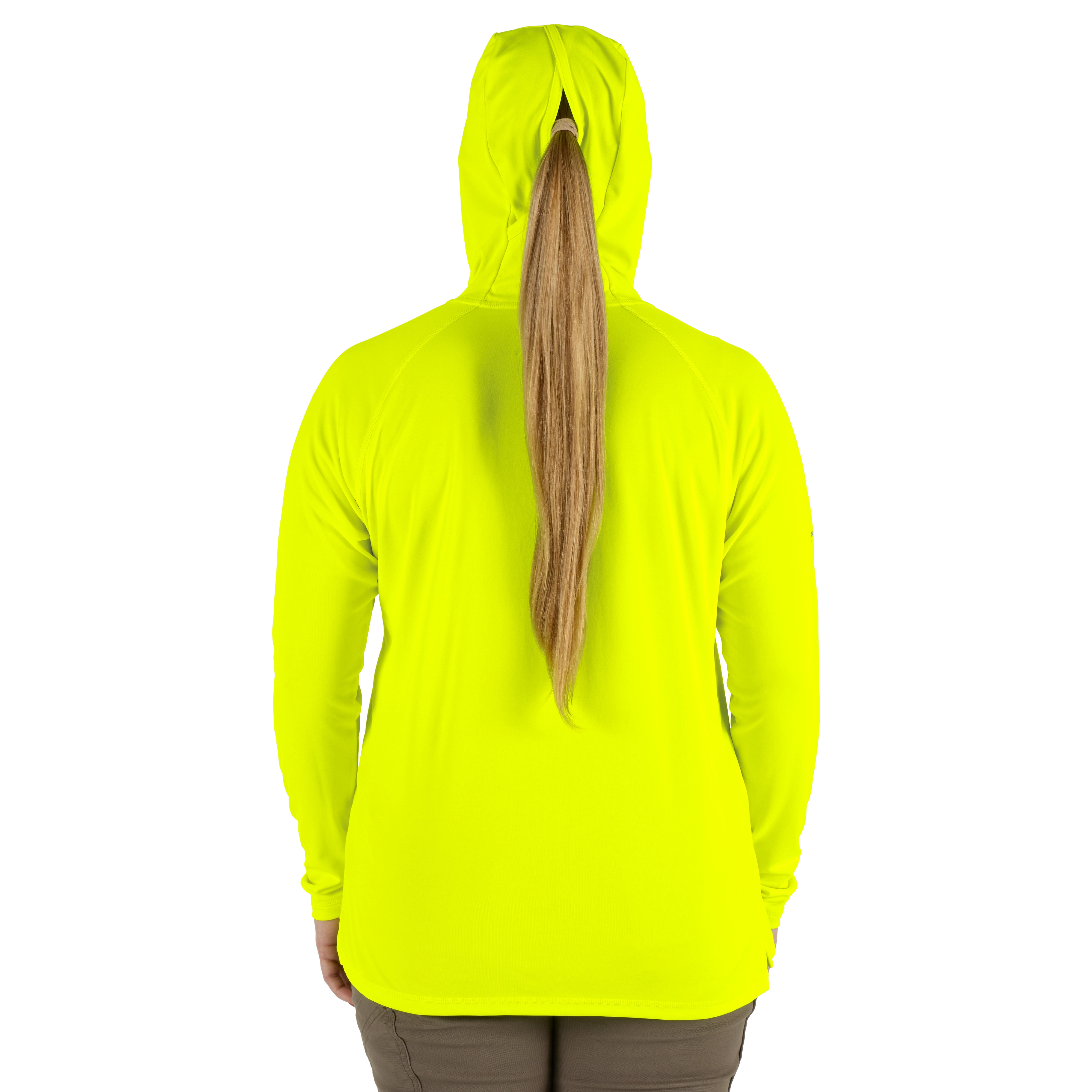 A person, seen from the back, wears a Women's WORKSKIN Hooded Sun Shirt – Yellow. The bright yellow shirt features a hood covering most of the person's long, blonde ponytail.