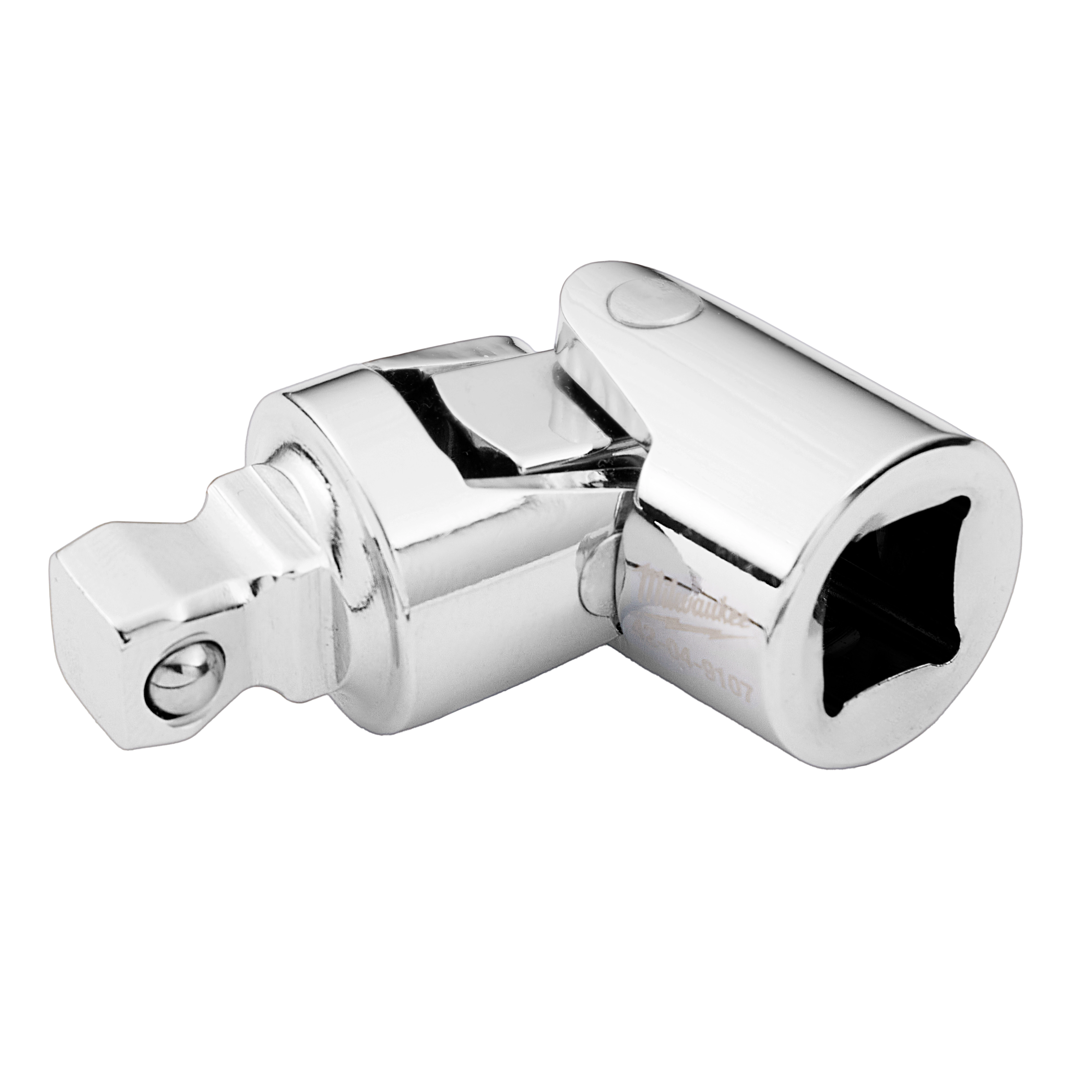 The 3/8" Drive Universal Joint is a shiny, metallic tool designed for connecting drive tools to sockets, enabling angled turning in hard-to-reach spaces. This joint features a ball-bearing mechanism for flexibility and precision.
