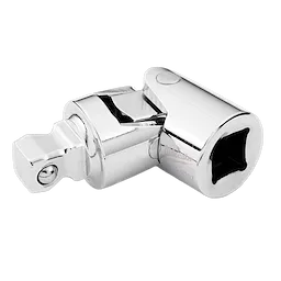 The 3/8" Drive Universal Joint is a shiny, metallic tool designed for connecting drive tools to sockets, enabling angled turning in hard-to-reach spaces. This joint features a ball-bearing mechanism for flexibility and precision.