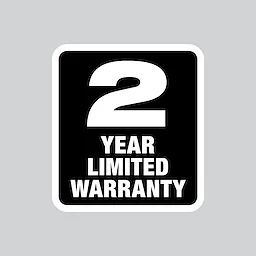 White "2 Year Limited Warranty" text on a black rectangular background with rounded corners, outlined in white.