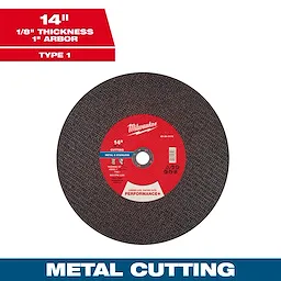 14" x 1/8" x 1" Performance+ Metal Cut Off Wheel - Type 1 for metal and stainless cutting with red center label.