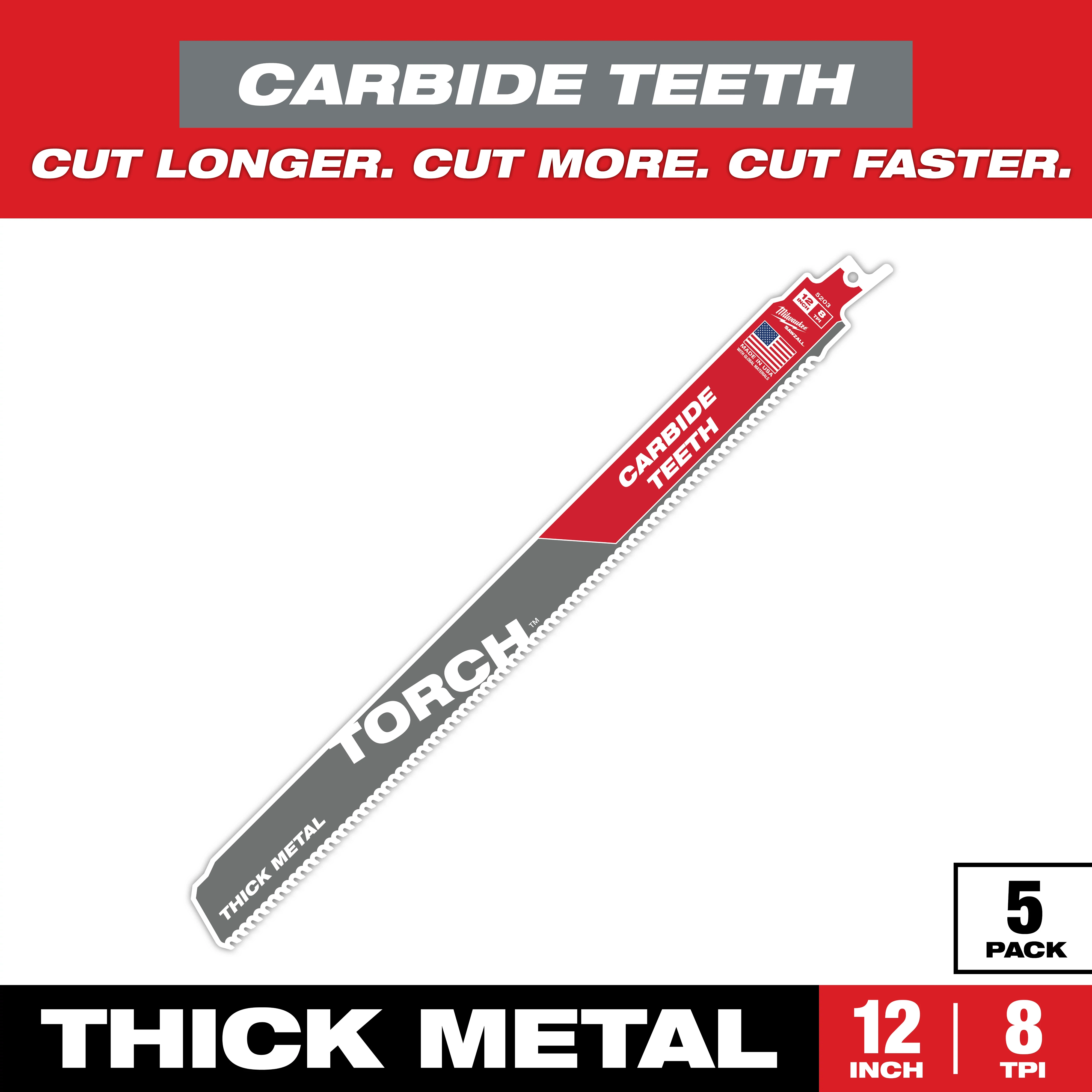 Sawzall Bi-Metal Carbide Primary Images product features a 12-inch carbide teeth saw blade for cutting thick metal. The blade has 8 TPI and comes in a 5-pack, designed to cut longer, more, and faster.