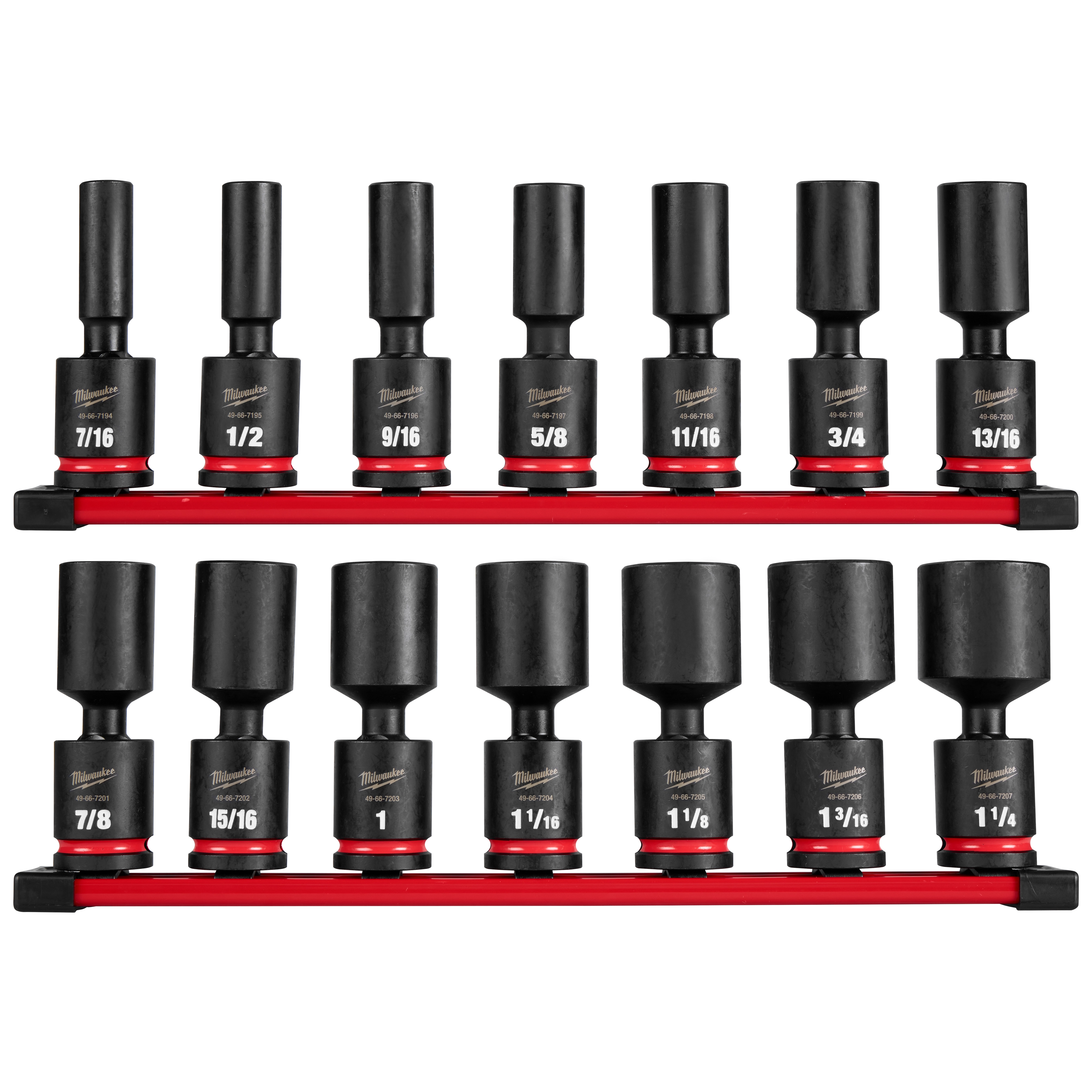 The 14PC SHOCKWAVE Impact Duty 1/2" Drive 6 Point SAE Deep Swivel Socket Set features 14 black sockets on red holders. These durable, deep swivel sockets range in size from 7/16" to 1-3/16" and are designed for impact usage, making them ideal for heavy-duty applications.