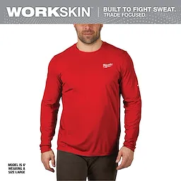 WORKSKIN Lightweight Performance Shirt - Long Sleeve is modeled in red color, size large, with a logo on the upper left chest.