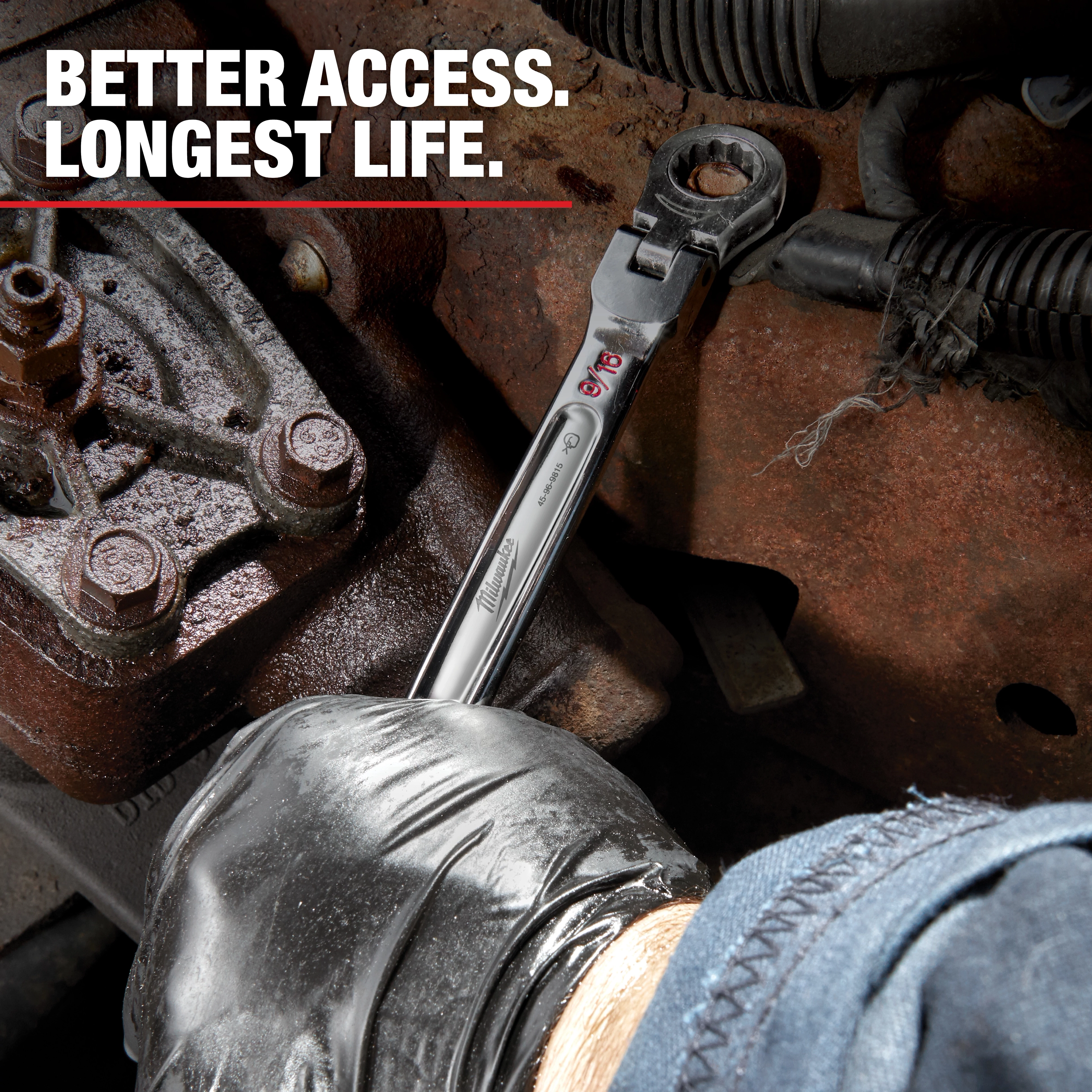 A mechanic uses a Mechanic Hand Tool to work on a rusted engine part. They use a ratcheting wrench to turn a bolt. Text in the image reads, "Better access. Longest life."