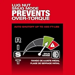 Graphic showing torque gauge and text about lug nut snug mode for M18 FUEL 3/4" Extended Anvil High Torque Impact Wrench w/ ONE-KEY Kit.