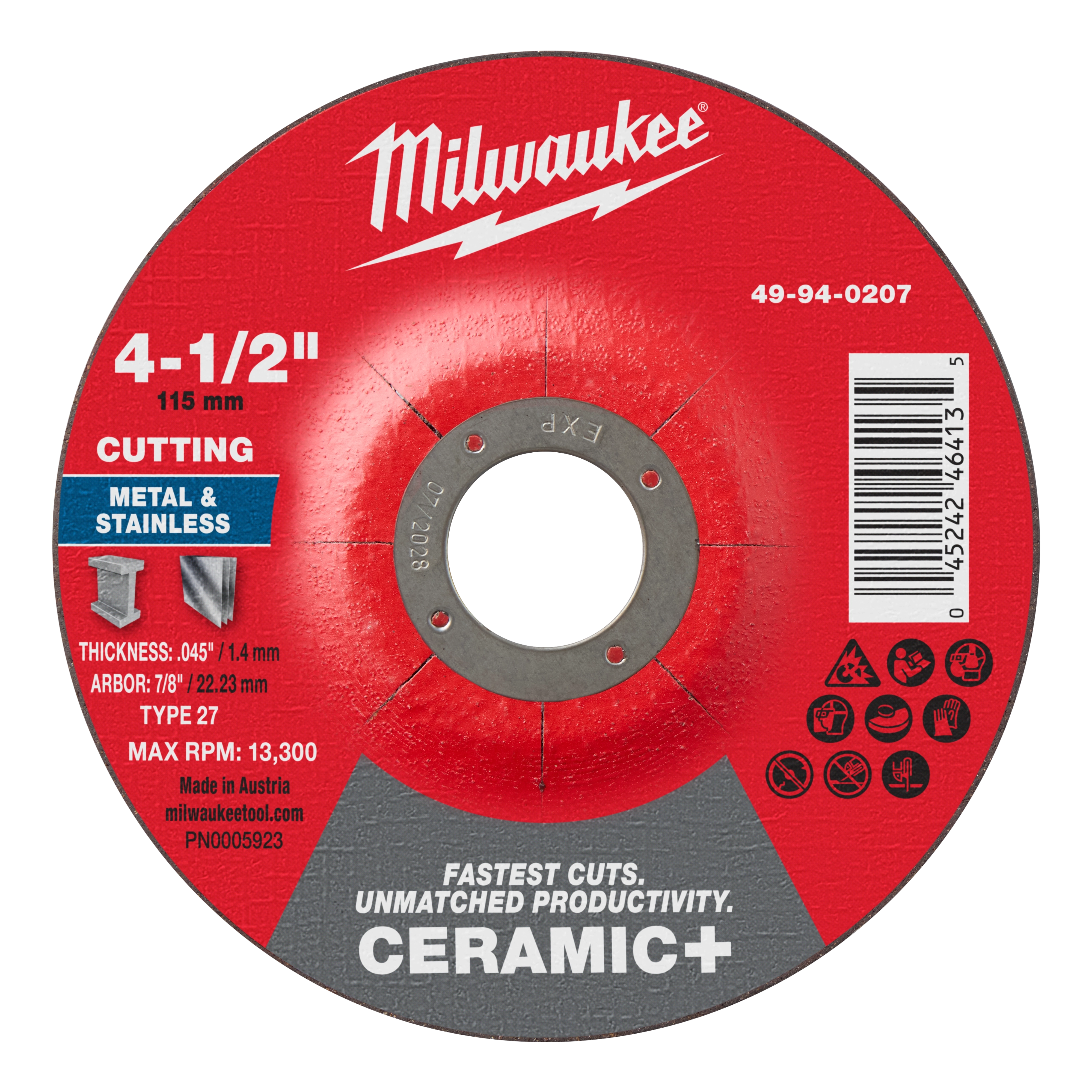 Red and black 4-1/2" x .045" x 7/8" Ceramic+ Metal Cut Off Wheel - Type 27 for cutting metal and stainless steel.