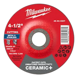 Red and black 4-1/2" x .045" x 7/8" Ceramic+ Metal Cut Off Wheel - Type 27 for cutting metal and stainless steel.