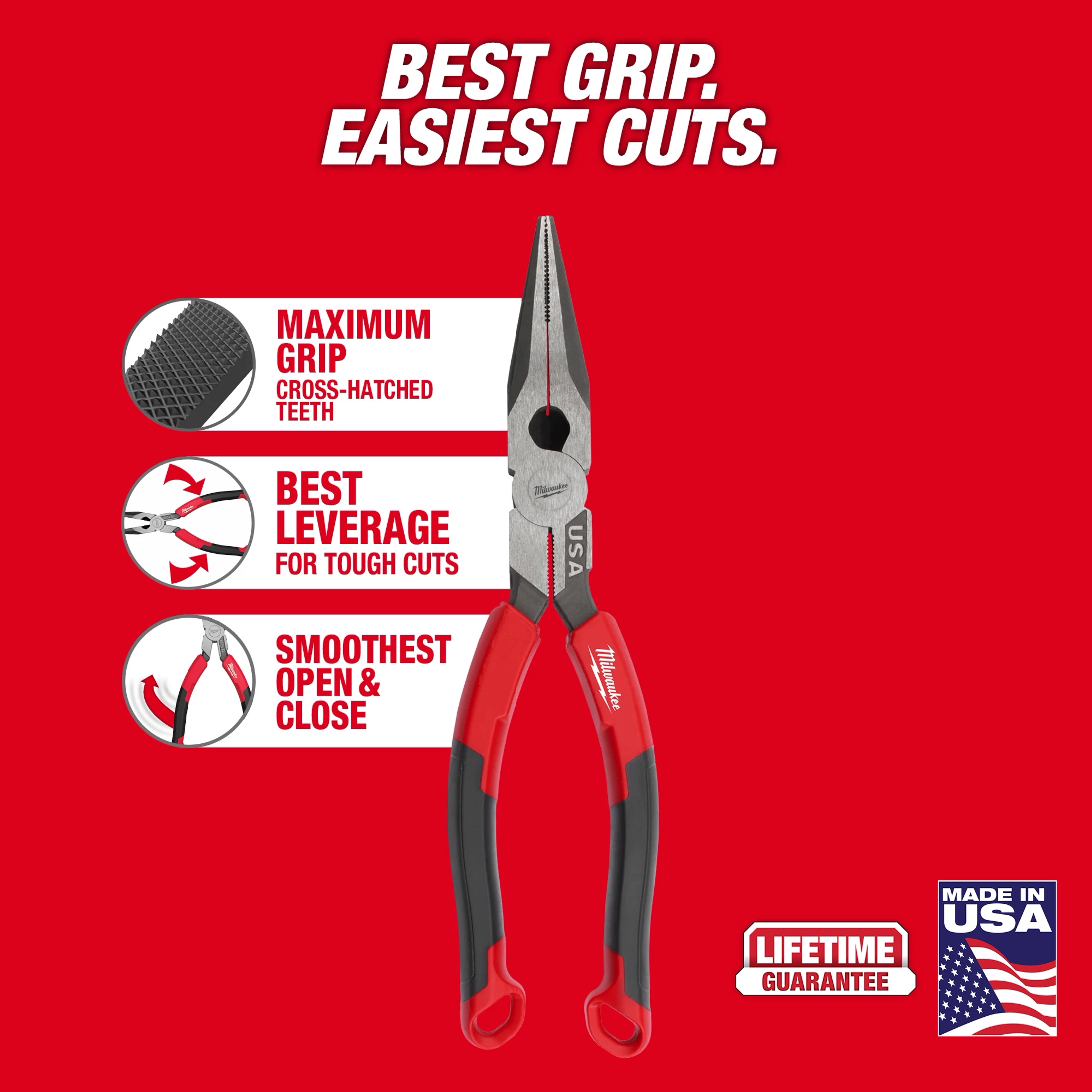 8" Long Nose Comfort Grip Pliers (USA) with red and black handles, features include maximum grip, best leverage, and smoothest open and close.