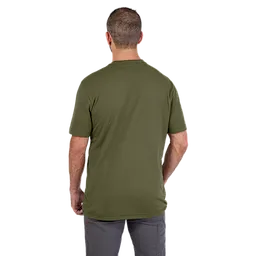 Man wearing a green Heavy Duty Pocket T-Shirt, shown from the back. The shirt has short sleeves and a relaxed fit.