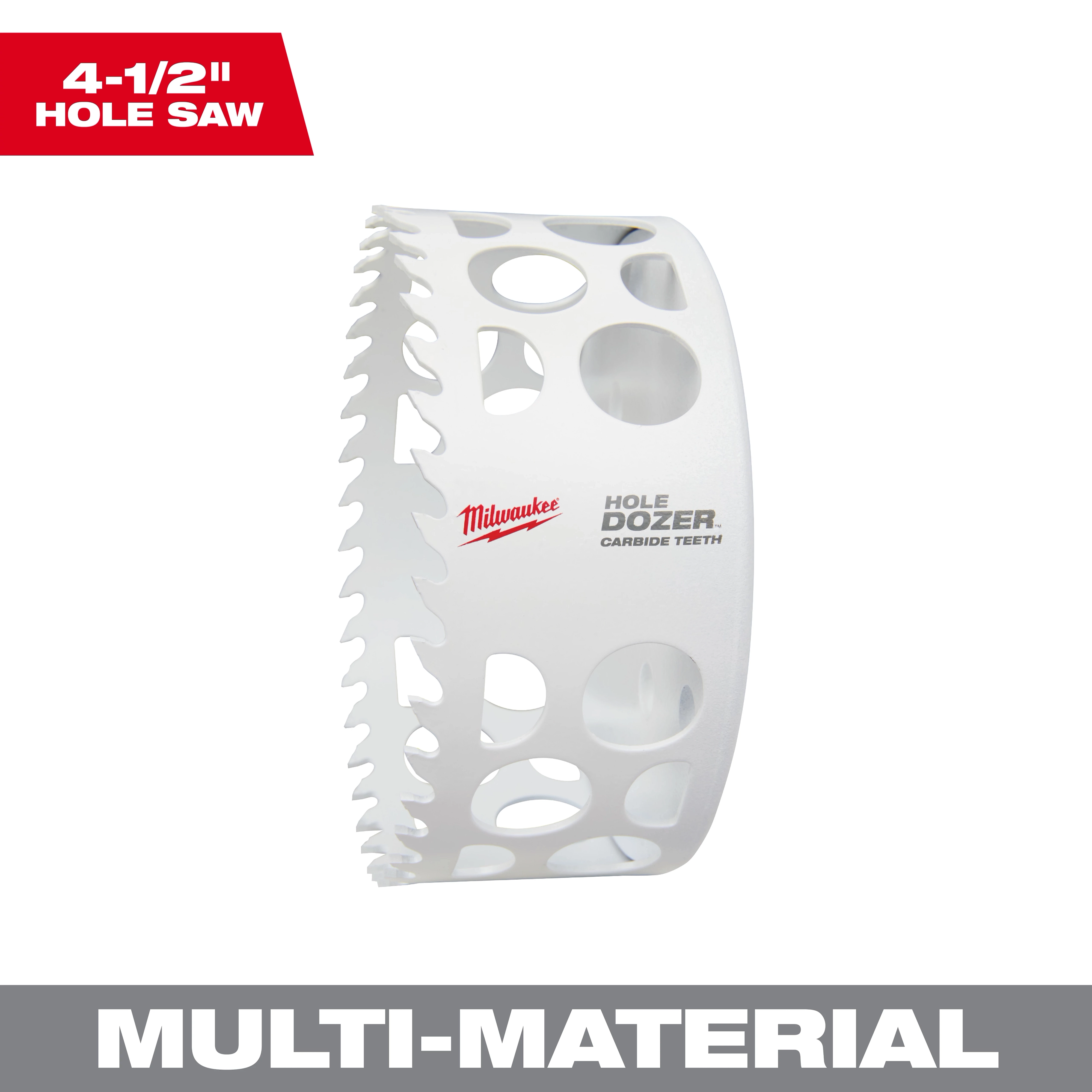 4-1/2" HOLE DOZER with Carbide Teeth Hole Saw featuring a white cylindrical design with teeth along the edge and ventilation holes.