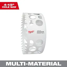 4-1/2" HOLE DOZER with Carbide Teeth Hole Saw featuring a white cylindrical design with teeth along the edge and ventilation holes.