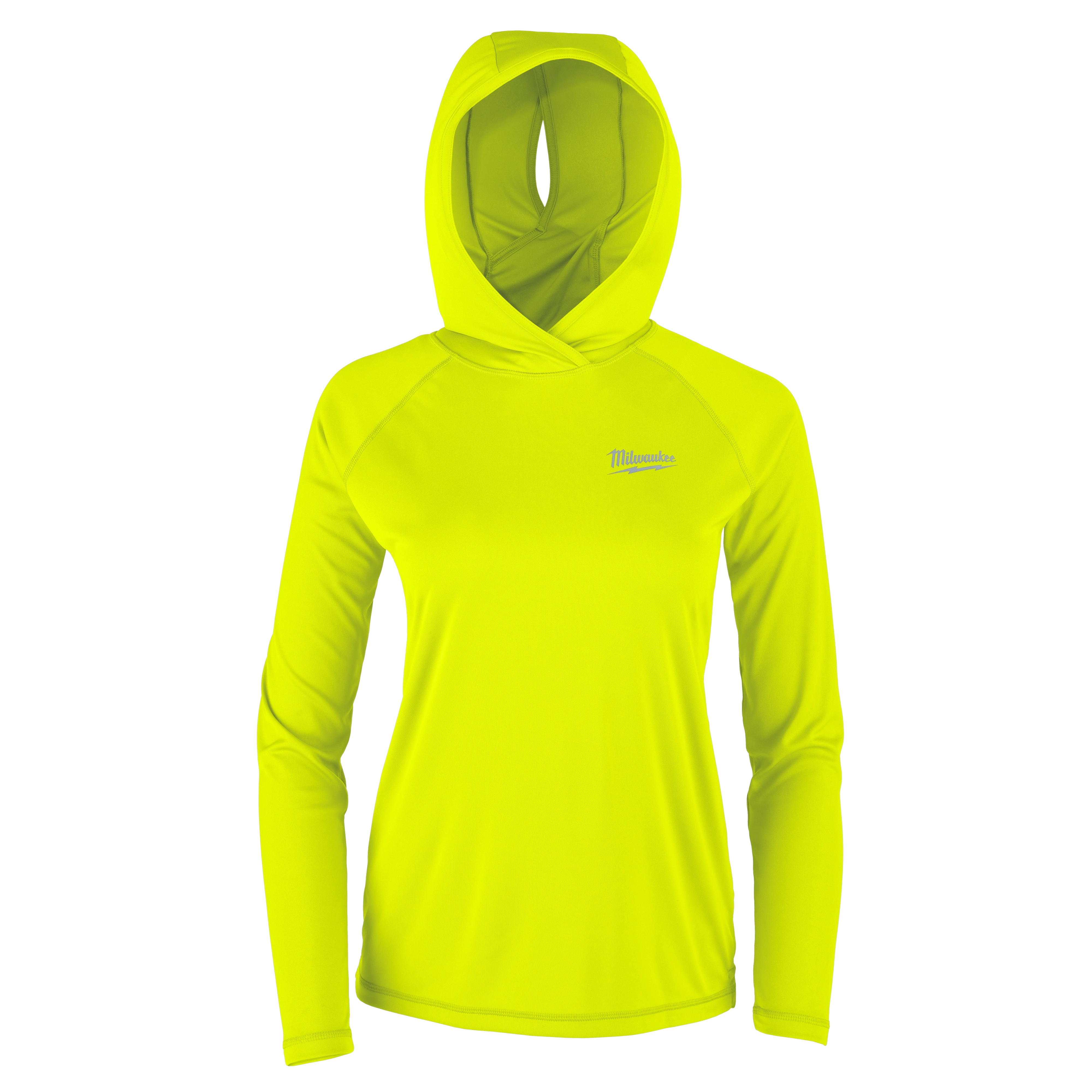 This image shows a Women's WORKSKIN™ Hooded Sun Shirt in yellow. It features long sleeves, a hood, and the Milwaukee logo on the chest. The shirt is designed for sun protection and is made from a lightweight fabric for comfort.