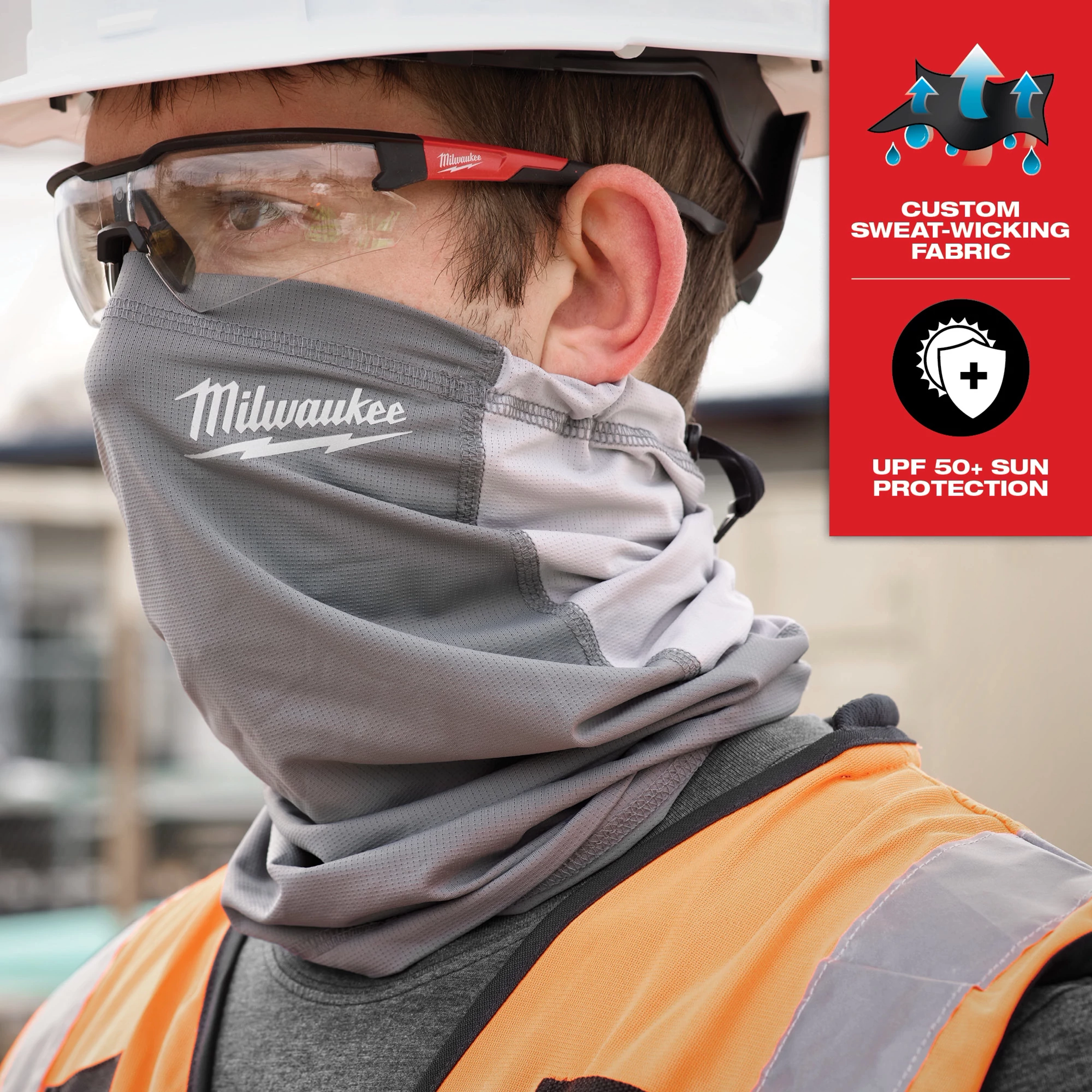 WORKSKIN Performance Neck Gaiter worn by a person on a construction site. Features include custom sweat-wicking fabric and UPF 50+ sun protection.