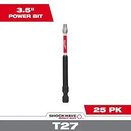 This image shows a single 3.5-inch SHOCKWAVE™ Impact Duty 3-1/2" TORX® T27 Power Bit from a 25 PK. The power bit is black with red accents and branded with "Milwaukee". It is designed for heavy-duty impact applications. Text on the image highlights the product's size and pack quantity.