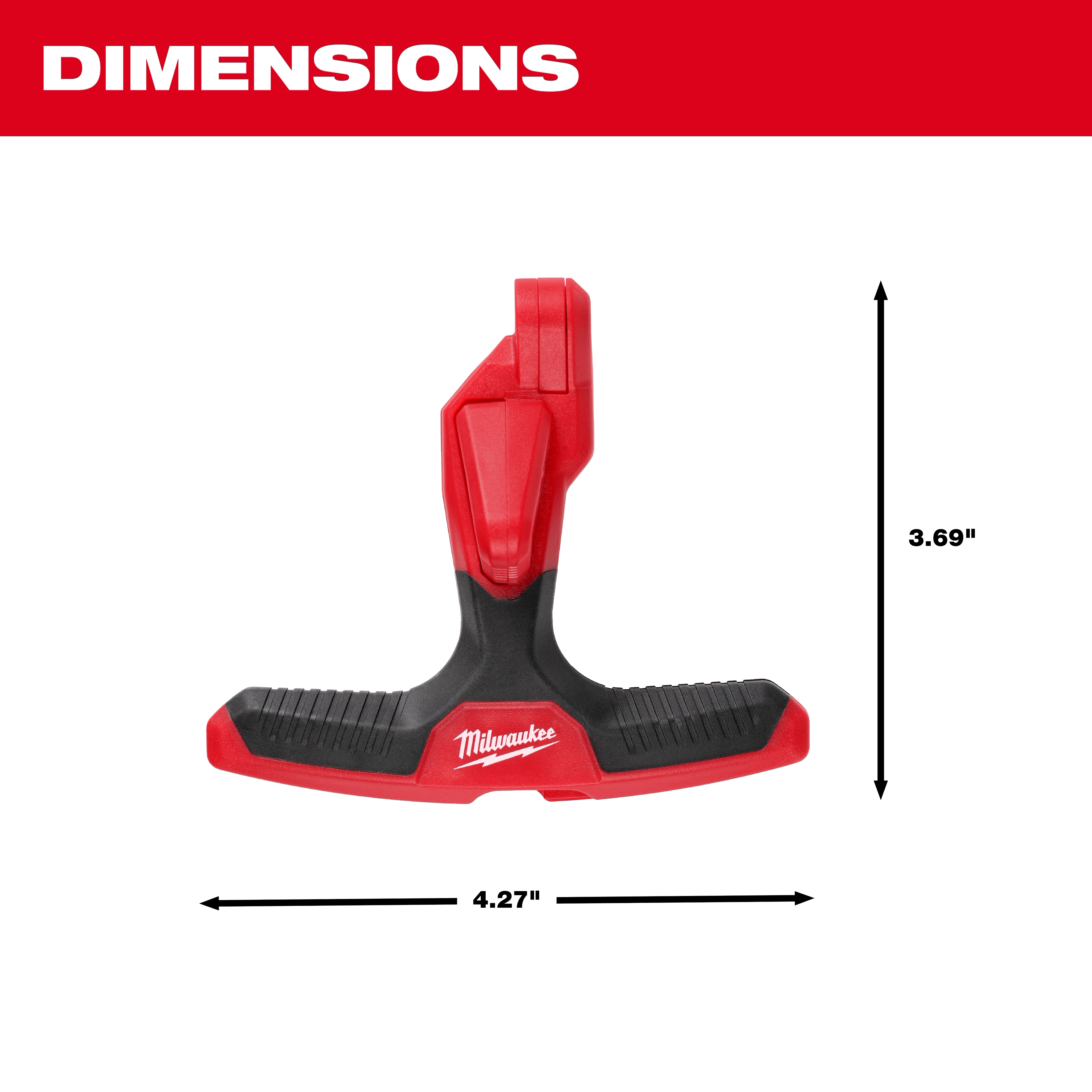 This image shows a red and black Milwaukee Fiber Optic Drop Cable Slitter with its dimensions. The Slitter measures 4.27 inches in width and 3.69 inches in height.