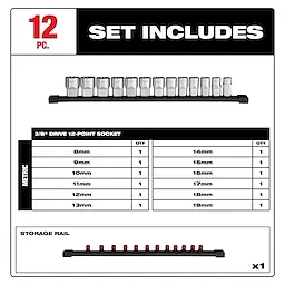 This image shows a 12pc 3/8” Drive 12-Point Metric Socket Set, including sizes 8mm to 19mm. It also includes a storage rail for the sockets. The set's components are neatly displayed with the quantities listed.
