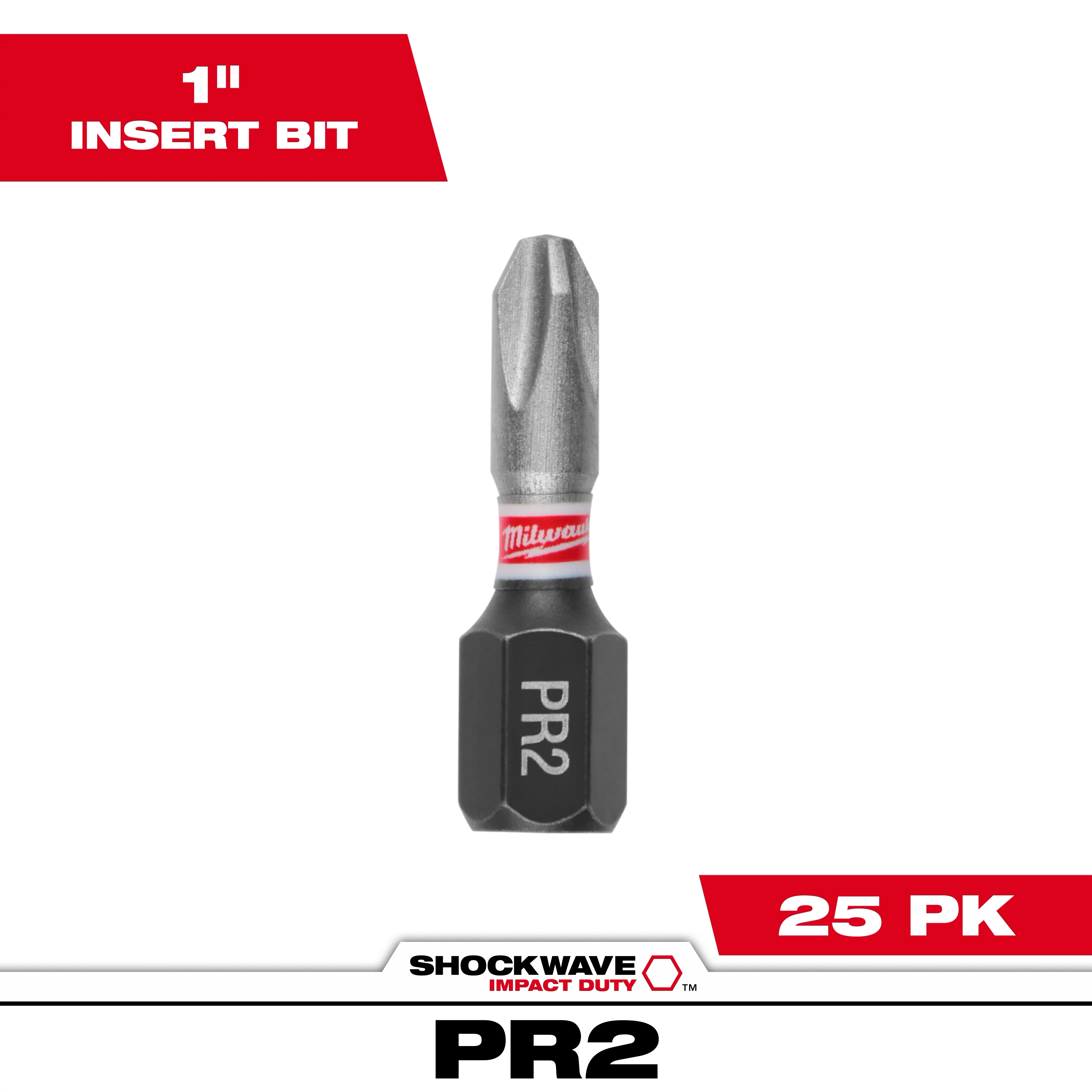The image shows a single SHOCKWAVE™ Impact Phillips Reduced #2 Insert Bit, labeled "PR2," from a 25-pack. The bit is 1 inch long and has a hexagonal base with a pointed tip for Phillips head screws.