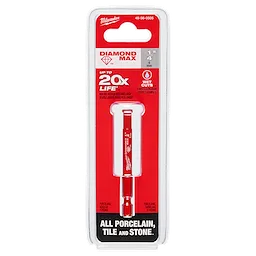 Milwaukee 1/4" Diamond Max Hole Saw packaged, advertising up to 20x life, suitable for cutting porcelain, tile, and stone.