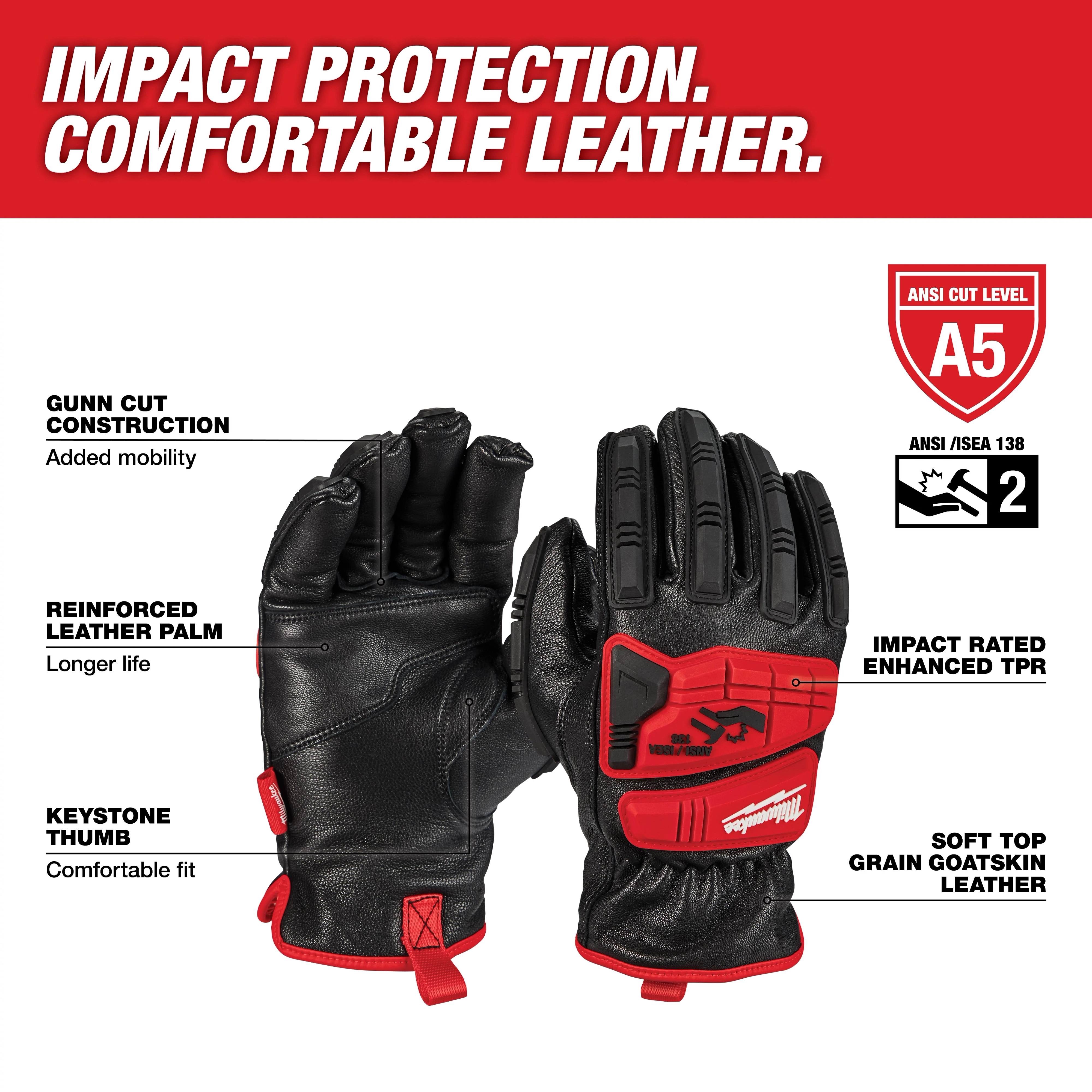Milwaukee Cut Level 5 gloves offer impact protection with TPR, reinforced leather palms, Gunn cut construction, and keystone thumbs.