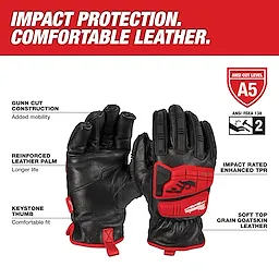 Milwaukee Cut Level 5 gloves offer impact protection with TPR, reinforced leather palms, Gunn cut construction, and keystone thumbs.