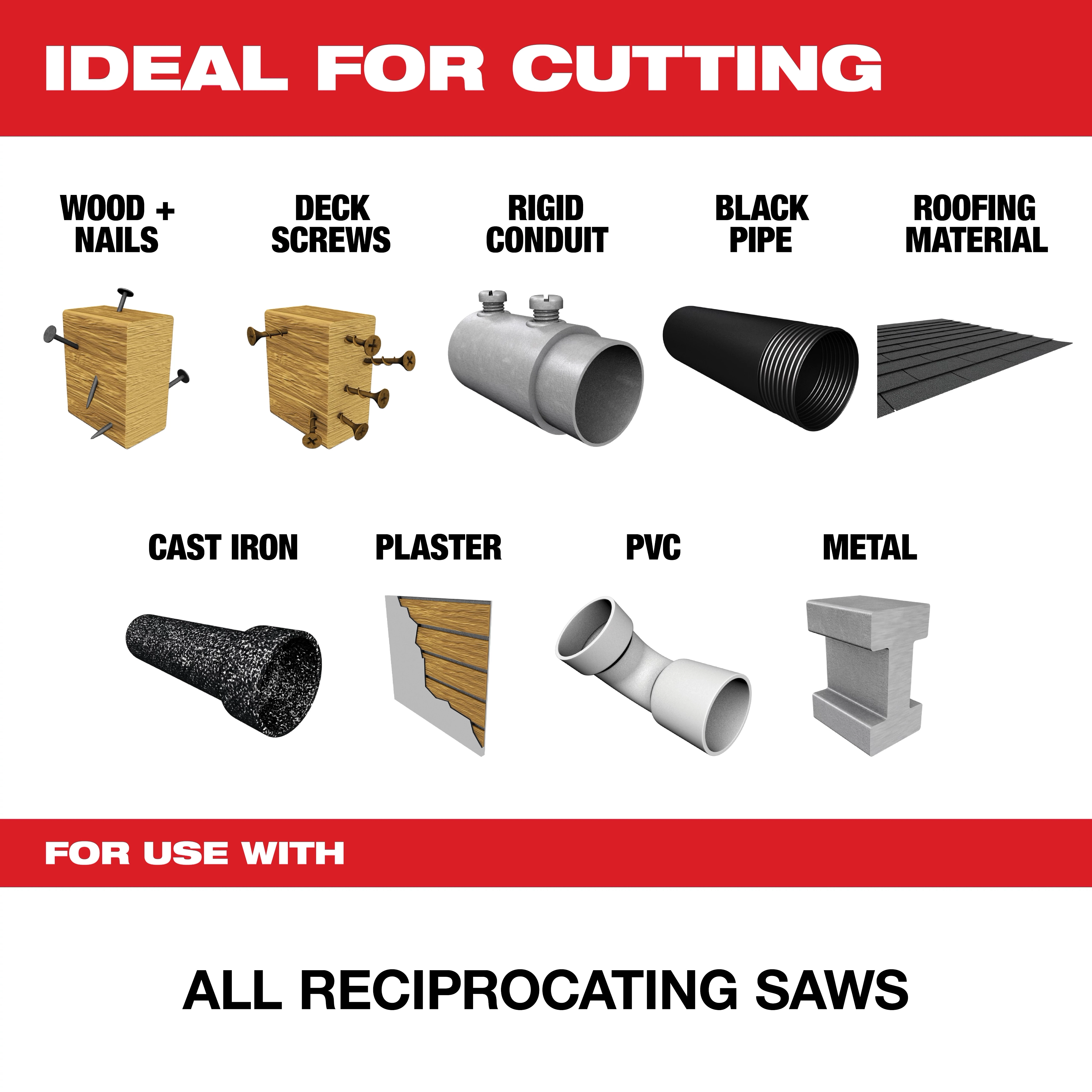 Nitrus Carbide For Use With reciprocating saws is ideal for cutting wood with nails, deck screws, rigid conduit, black pipe, roofing material, cast iron, plaster, PVC, and metal.
