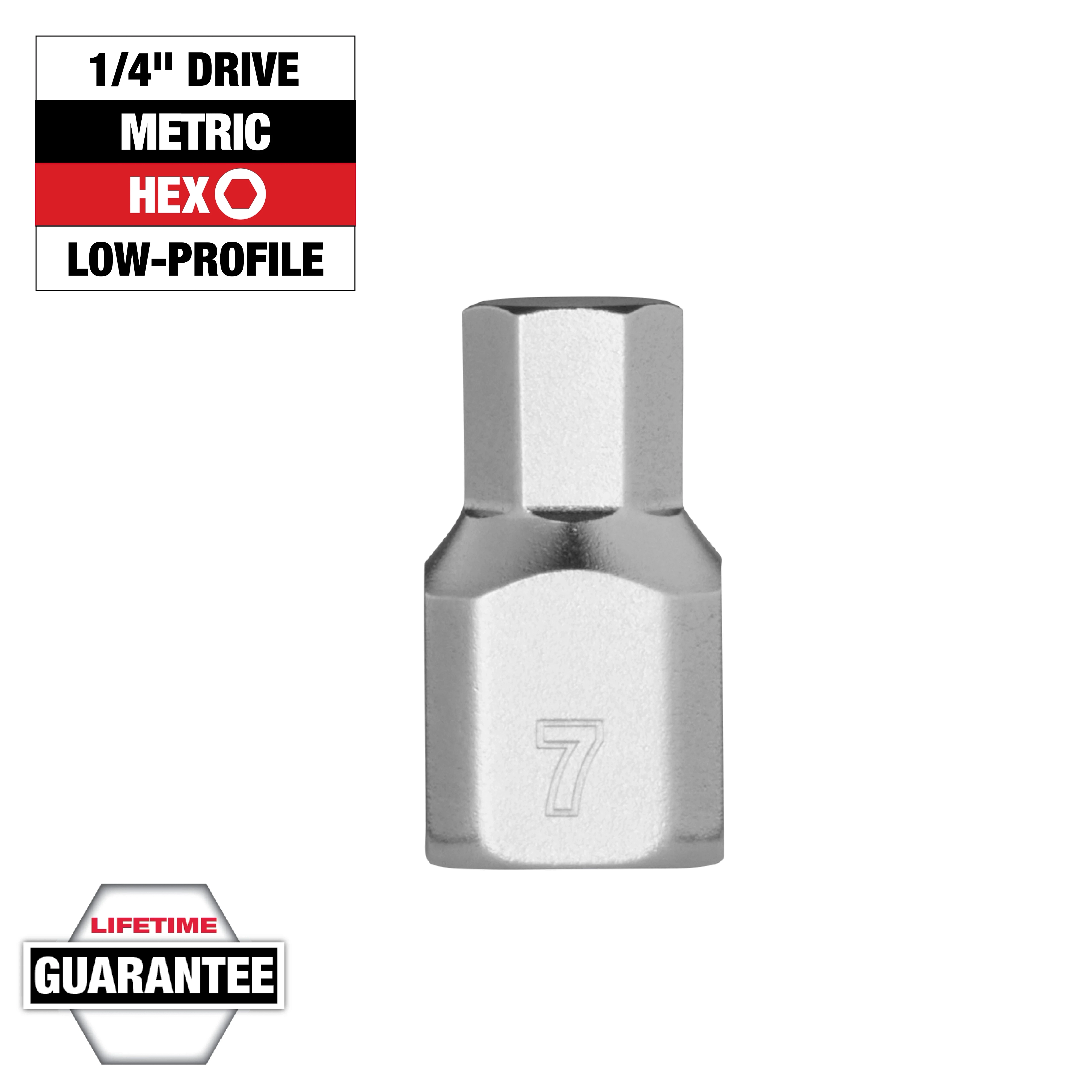 1/4" Drive 7mm Low-Profile Hex Bit Socket made of silver metal. Includes "7" marking on the side and a lifetime guarantee label.