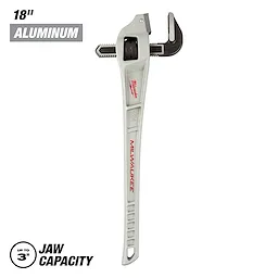 The Milwaukee 18" aluminum pipe wrench with up to 3" jaw capacity features a gray aluminum handle and a black adjustable jaw.