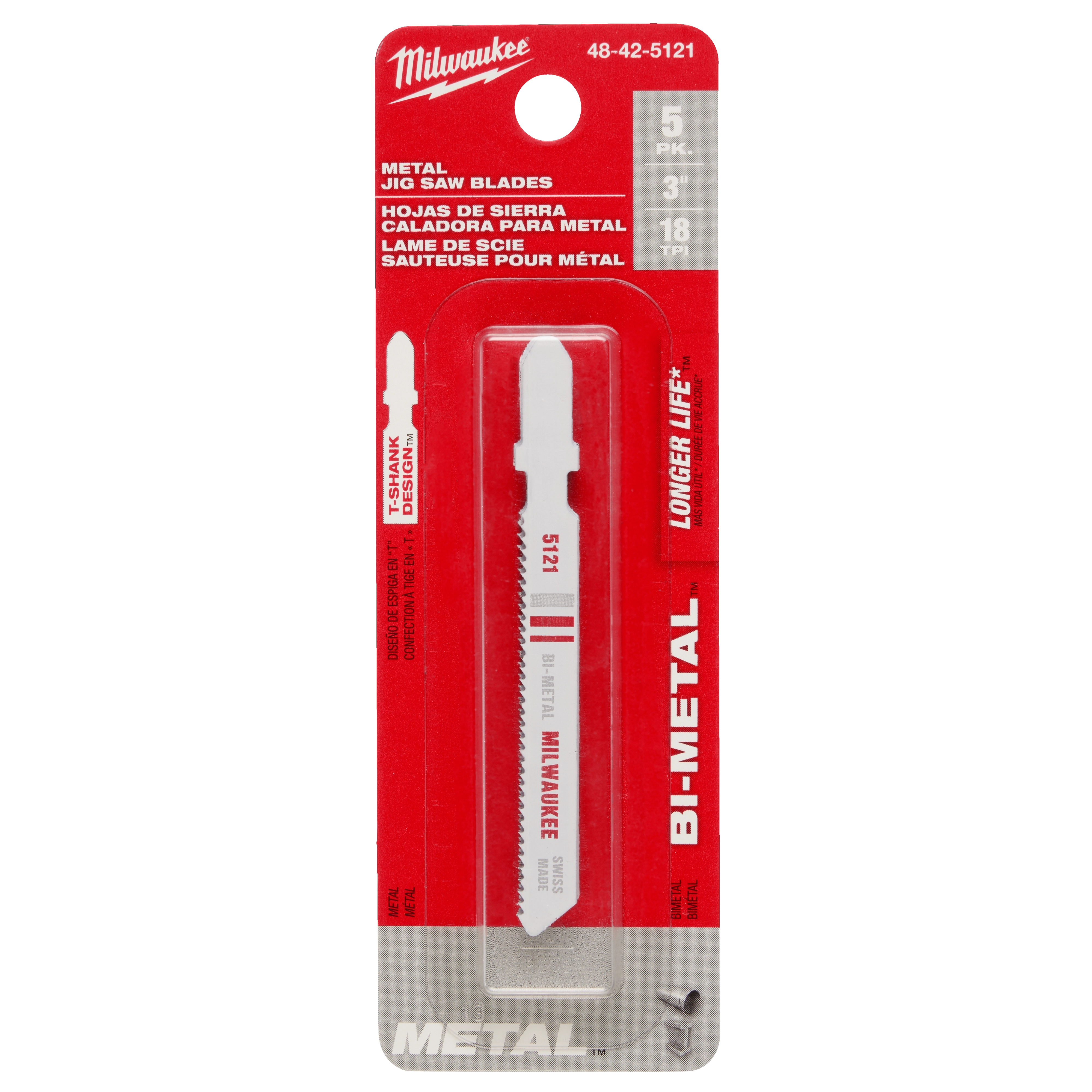 3" 18TPI T-Shank Metal Cutting Bi-Metal Jig Saw Blades 5PK, displayed in red and white packaging with product details in English and Spanish.