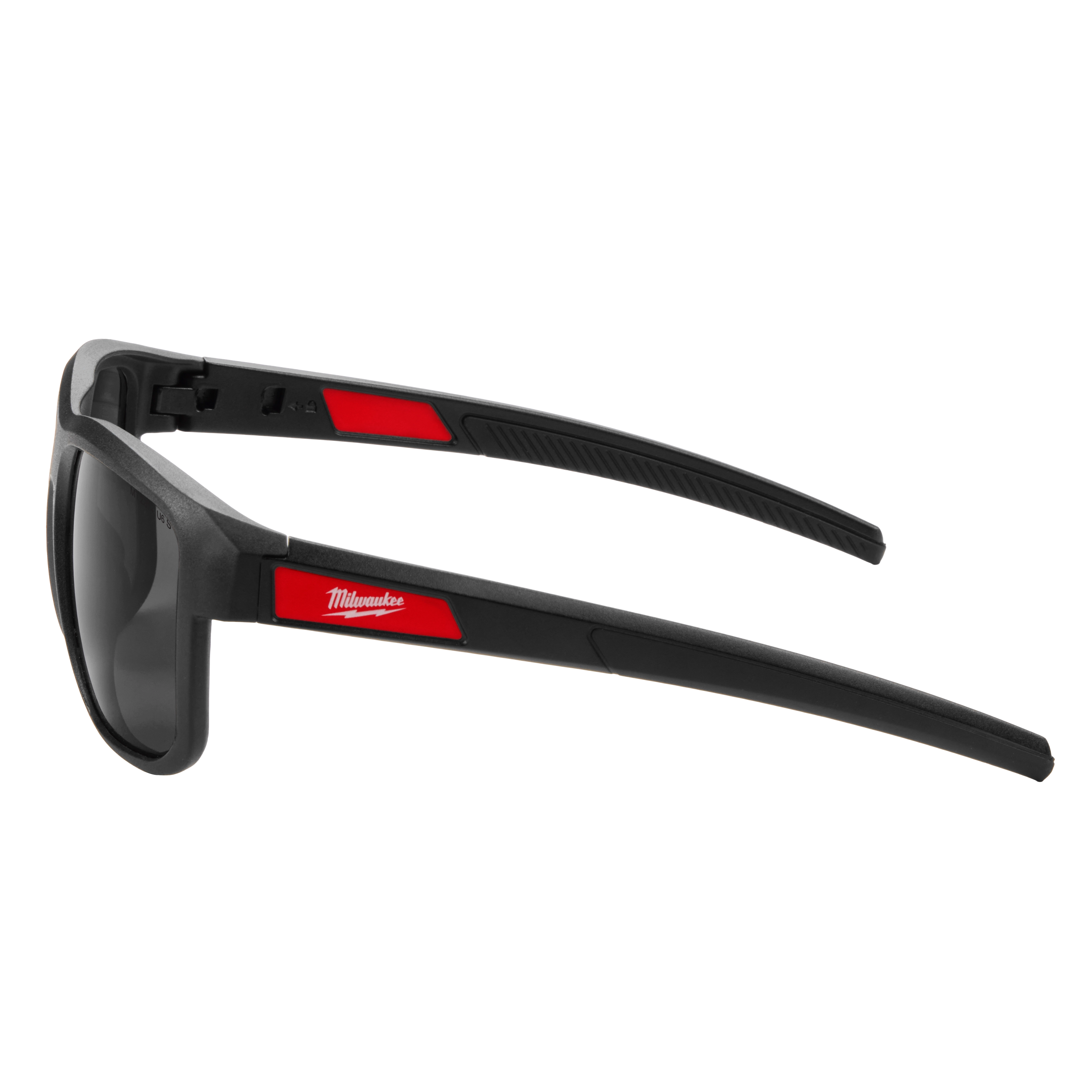 Full Frame Safety Glasses with Removable Side Shields – Tinted Anti-Scratch Lenses feature a black frame with red accents. The glasses include dark tinted lenses and detachable side shields for added protection. Branded text in white appears on the red sections of the temples.