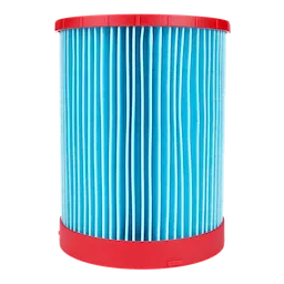 The image displays a MILWAUKEE® Large Wet/Dry Vacuum High Efficiency Filter. The filter is cylindrical, blue with vertical pleats, and has red plastic caps on the top and bottom.