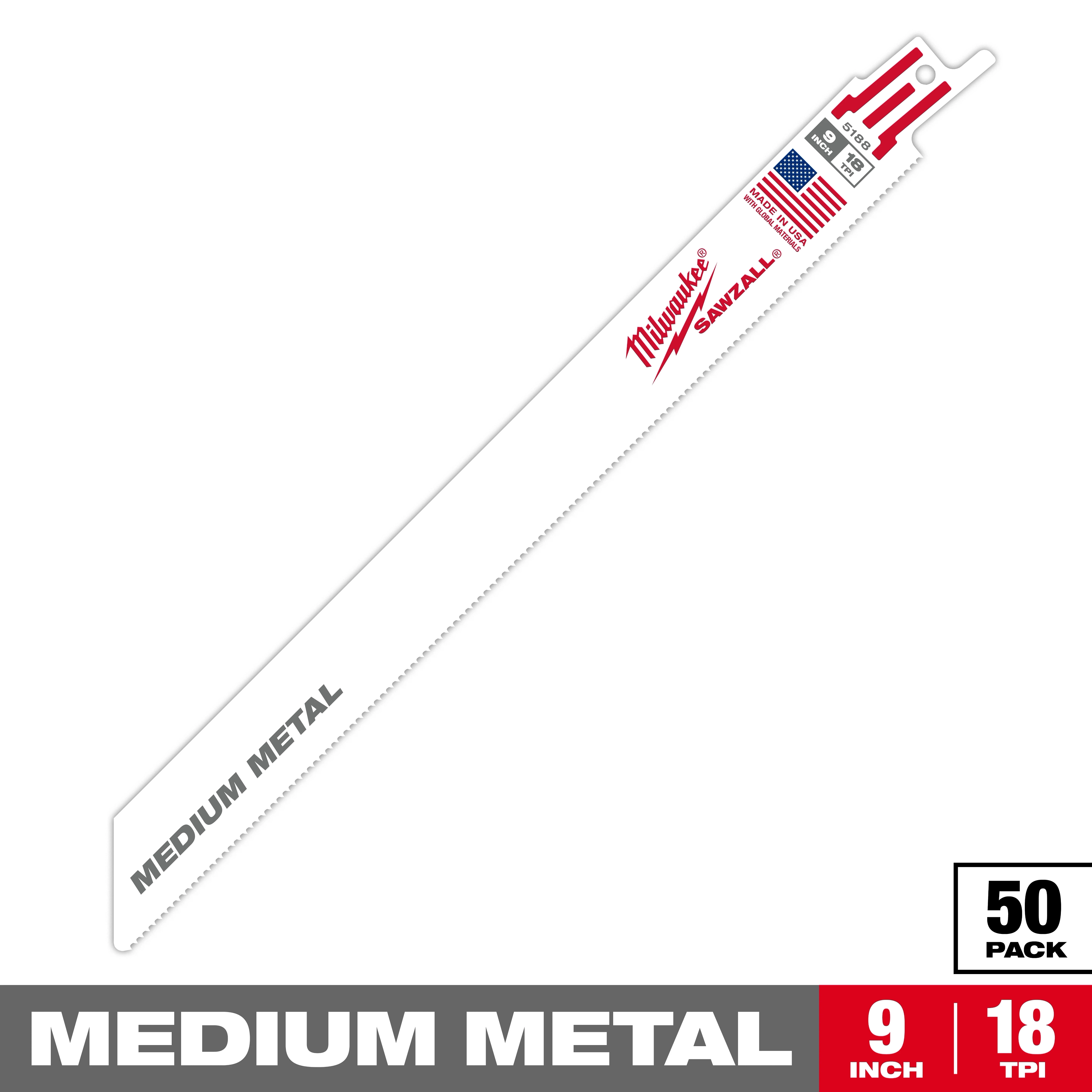 Milwaukee Sawzall Medium Metal blade measures 9 inches with 18 teeth per inch. The blade is white with red branding and features an American flag. The product comes in a pack of 50 and is suitable for medium metal cutting tasks.
