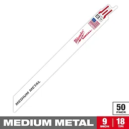Milwaukee Sawzall Medium Metal blade measures 9 inches with 18 teeth per inch. The blade is white with red branding and features an American flag. The product comes in a pack of 50 and is suitable for medium metal cutting tasks.