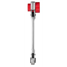 Lineman's 5-in-1 Ratcheting Wrench with silver handle, red and black ratcheting sockets at both ends, designed for versatile utility.